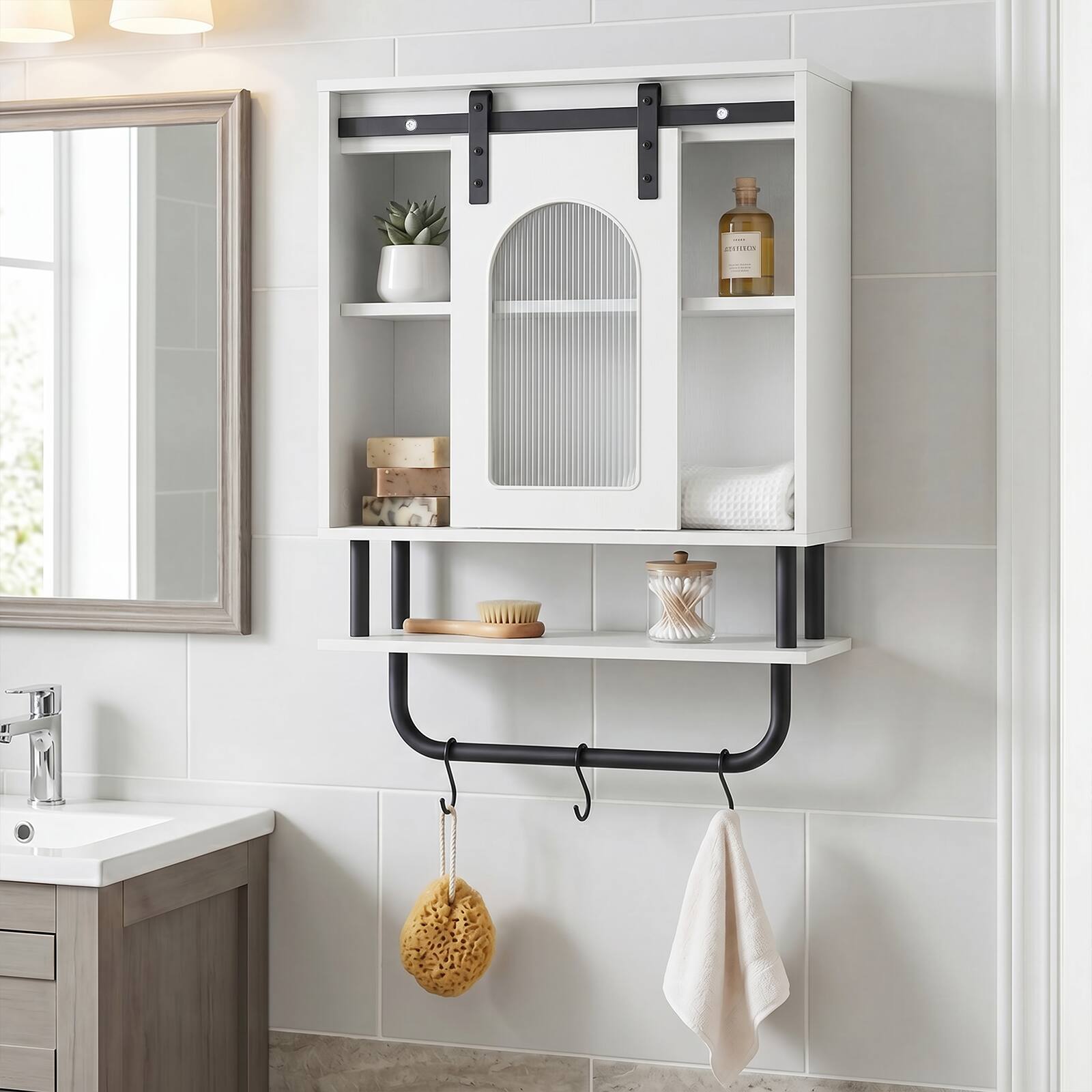 Alt View 4. Costway - Costway Bathroom Wall Cabinet with Sliding Barn Door Metal Hanging Bar 3 Hooks for Kitchen - White + Black.