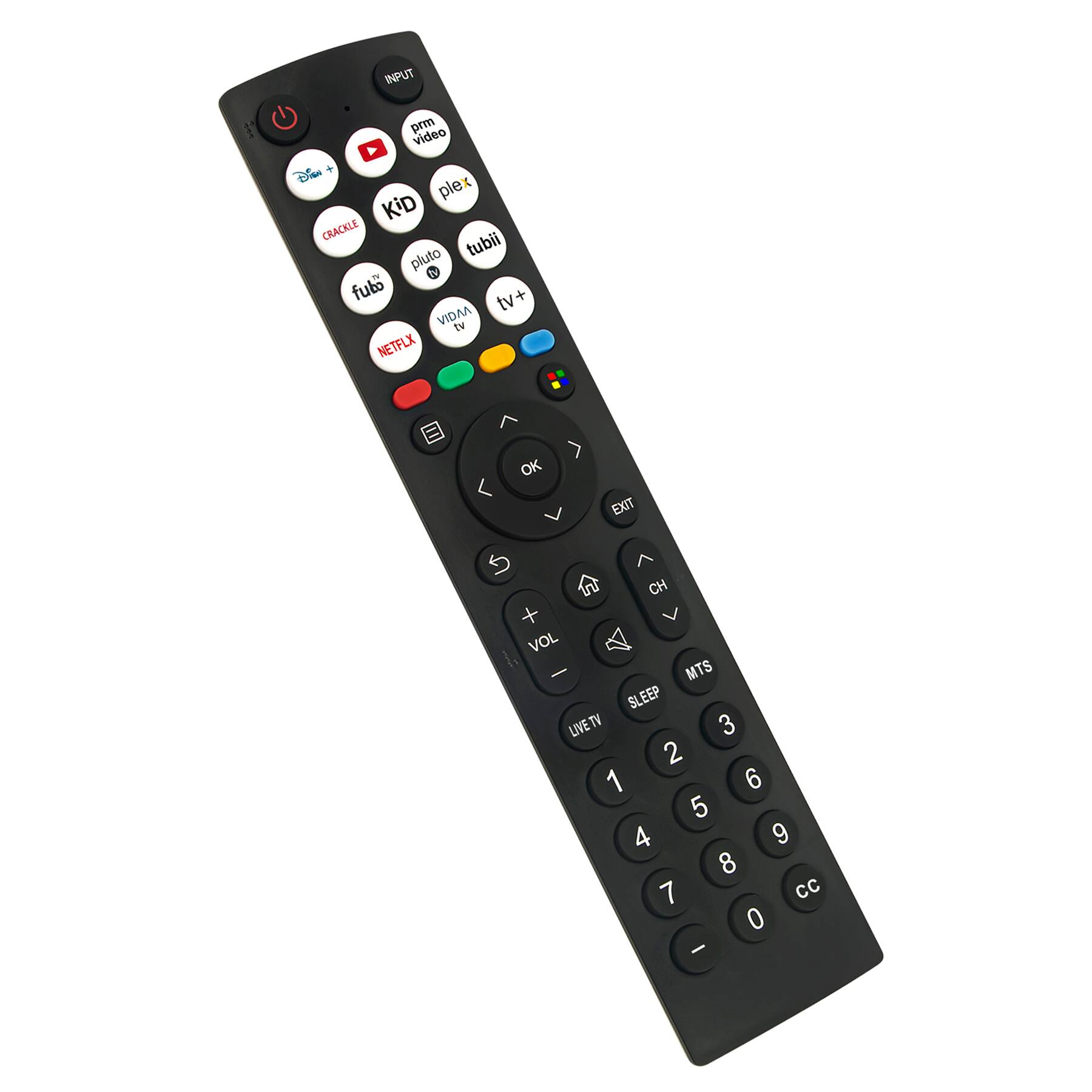INPUT  
prm video  
plex  
CRACKLE  
KID  
pluto  
tubii  
fubo  
VIDAA TV  
NETFLIX  
tv+  
EXIT  

CH  
VOL +  
VOL -  
MTS  
SLEEP  
LIVE TV  

1 2 3  
4 5 6  
7 8 9  
0 CC