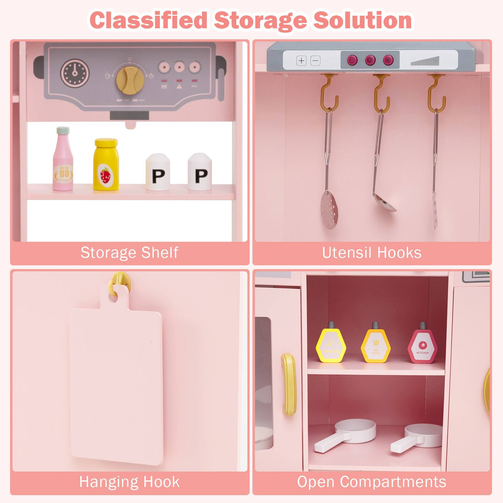 Classified Storage Solution

Storage Shelf

Utensil Hooks

Hanging Hook

Open Compartments