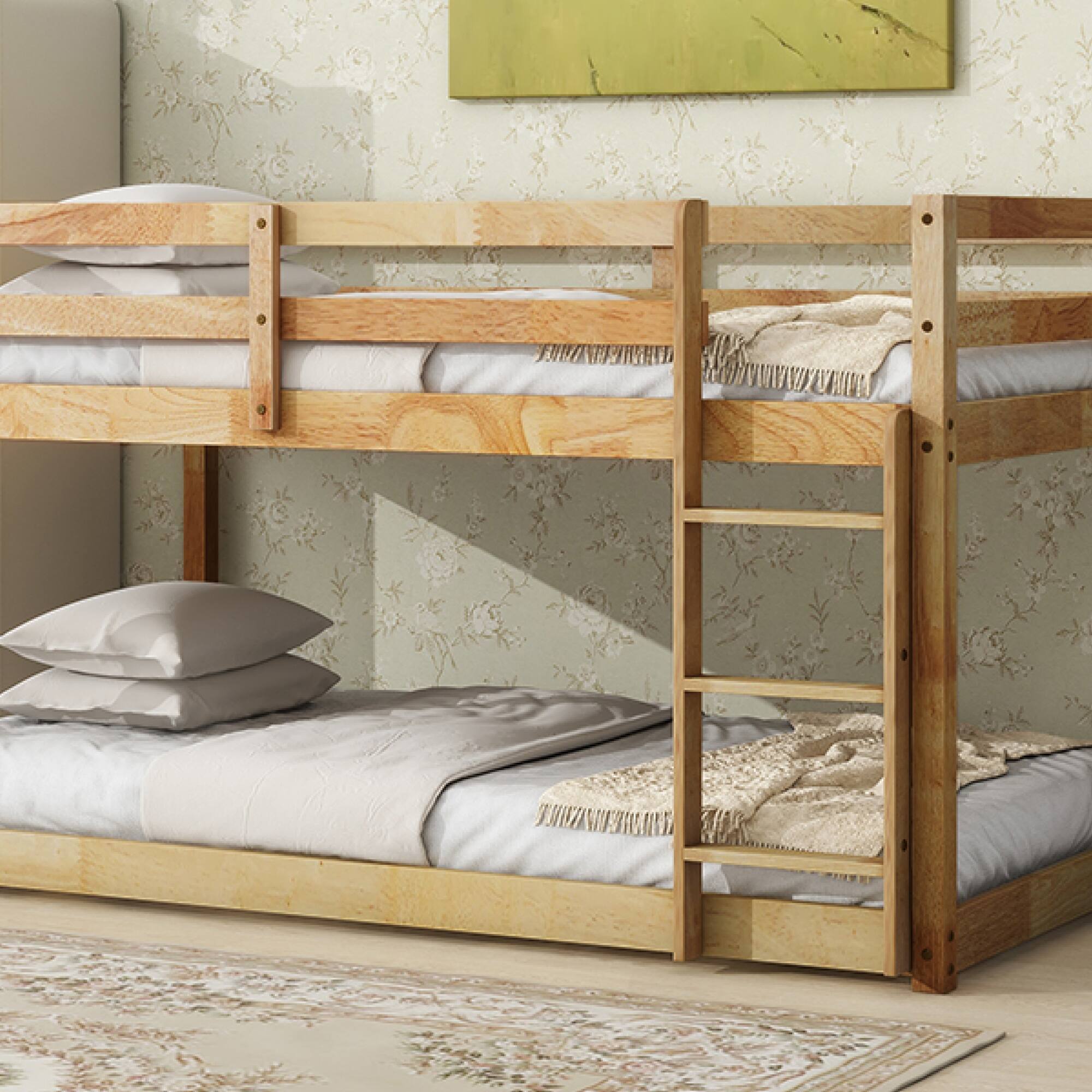 Alt View 10. GOODSILO - Solid Wood Twin Over Twin Floor Bunk Bed with Ladder and Strengthened Slats for Enhanced Stability - Natural.