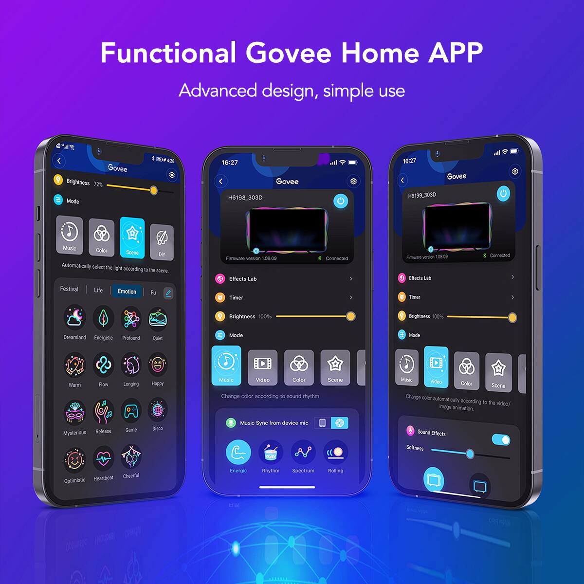Functional Govee Home APP: Advanced design, simple use

Govee Brightness 72% Mode I 42 A 16:27 < Govee H6198_303D atl = 16:27 Govee < H51993030 Music Color Scene DEY Automatically select the light according to the scene Festival Life Emotion Fun Firmware version 108.09 Effects Lab Timer Connected Firmware version 108.09 Effects Lab Timer Connected Brightness 100% P Brightness 100% Dreamland Energetic Profound Quiet Mode E Mode Warm Flow Longing Happy Music Video Color Scene Change color according to sound rhythm Music Video Color Scene Change color automatically according to the video/image animation Mysterious Release Game DAID Music Sync from device mic Sound Effects U Softness Heartbeat Cheerful Optimistic Energetic Rhythm Spectrum Rolling