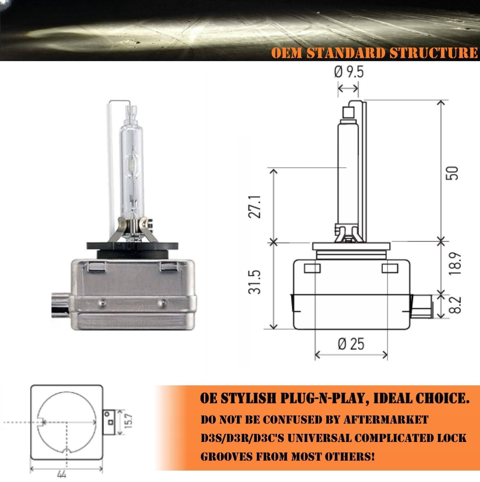 OEM STANDARD STRUCTURE

- Ø 9.5
- 27.1
- 31.5
- 50
- 18.9
- 8.2
- Ø 25
- 44
- 15.7

OE STYLISH PLUG-N-PLAY, IDEAL CHOICE. DO NOT BE CONFUSED BY AFTERMARKET D3S/D3R/D3C'S UNIVERSAL COMPLICATED LOCK GROOVES FROM MOST OTHERS!