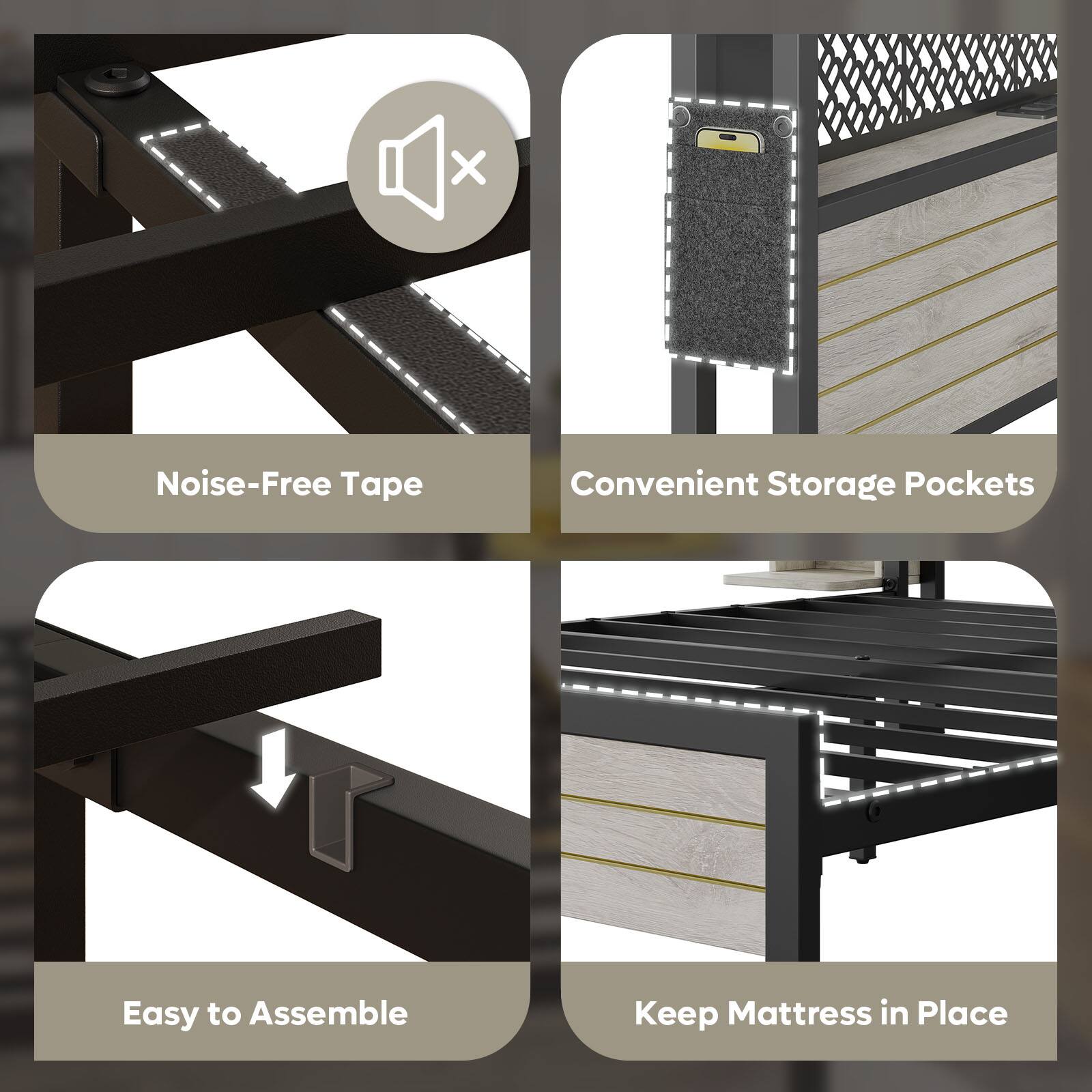 The text on the image can be grouped as follows:

1. Noise-Free Tape
2. Convenient Storage Pockets
3. Easy to Assemble
4. Keep Mattress in Place