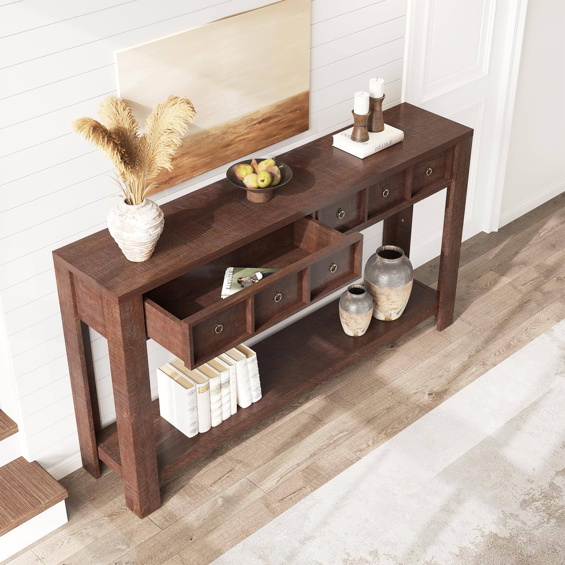 Alt View 2. Qeetex - 54-Inch Farmhouse Console Table, Wooden Entryway Table with 2 Drawers & Open Shelf for Living Room, Hallway & Foyer - Brown.