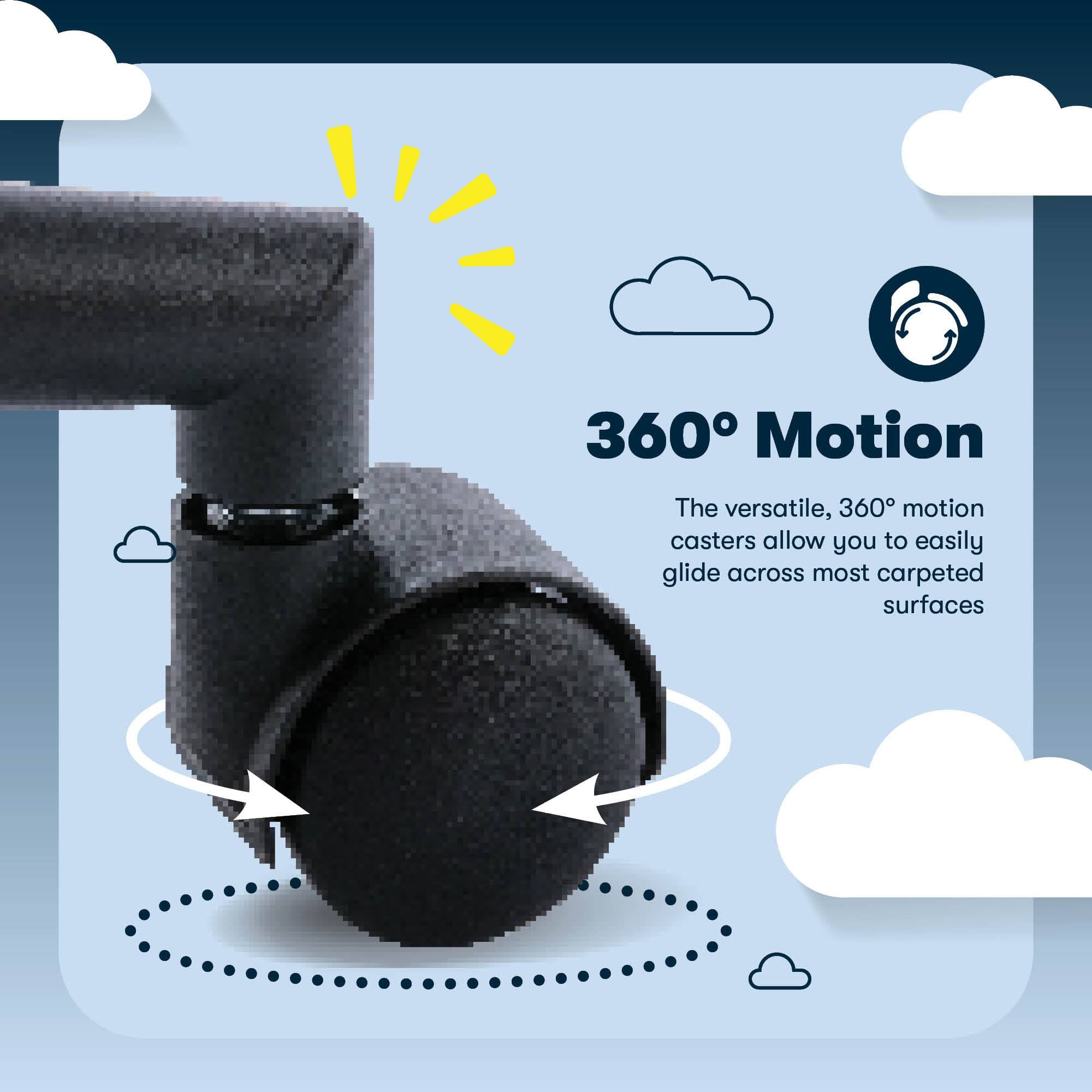 The versatile, 360° motion casters allow you to easily glide across most carpeted surfaces.