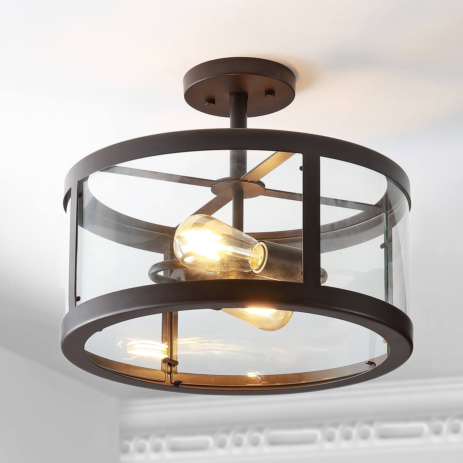 Alt View 1. Jonathan Y - Herndon 2-Light 15" Iron/Glass Modern LED Flush Mount, Black - Oil Rubbed Bronze/Clear.
