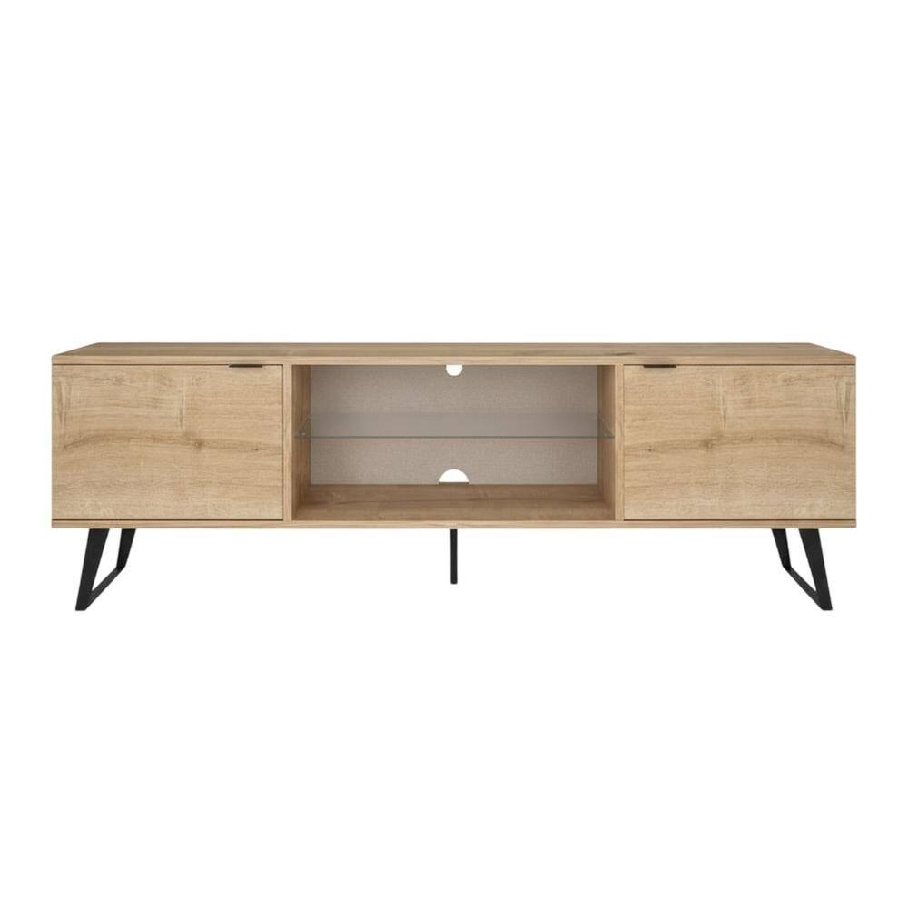 Alt View 3. FurniFact - Mid Century Modern Oak Glass Shelf TV Stand with Wooden Frame - Brown.