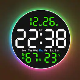 Unique Bargains - 10 Inch Large Digital Wall Clock with 9 Color Changing Remote Control Date Week Temperature Auto Brightness Dimmer - Green