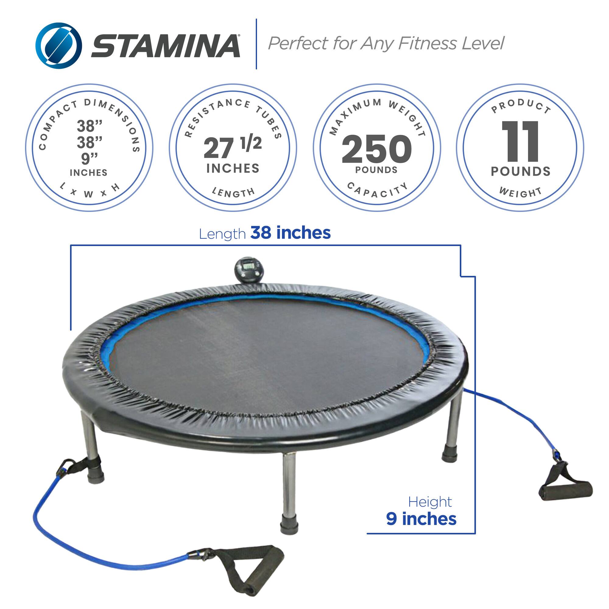 STAMINA Perfect for Any Fitness Level  
RESISTANCE TUBES  
MAXIMUM WEIGHT CAPACITY 250 POUNDS  
PRODUCT WEIGHT 11 POUNDS  
COMPACT DIMENSIONS 38" L x 38" W x 9" H  
RESISTANCE TUBES LENGTH 27 1/2 INCHES  
Length 38 inches  
Height 9 inches