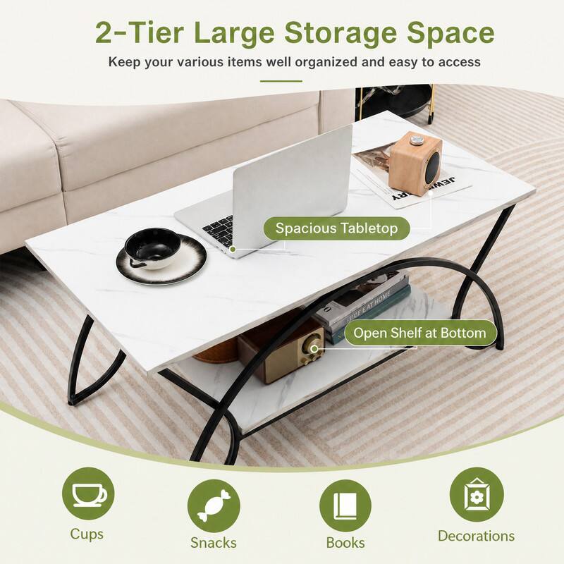 2-Tier Large Storage Space  
Keep your various items well organized and easy to access

Spacious Tabletop

Open Shelf at Bottom

Cups  
Snacks  
Books  
Decorations