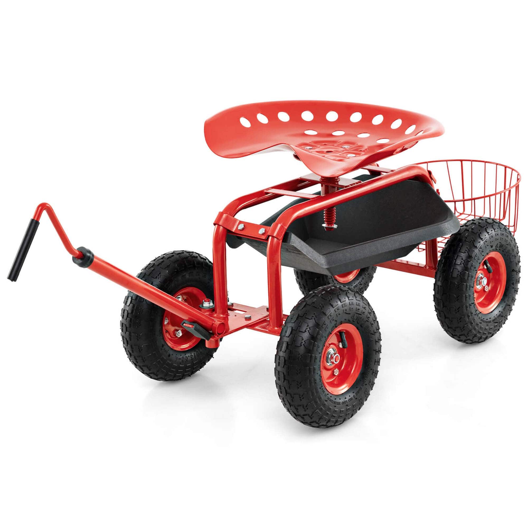 Costway - Garden Cart Rolling Work Seat Wagon Scooter for Planting with Extendable Handle - Red