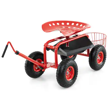 Front. Costway - Costway Garden Cart Rolling Work Seat Wagon Scooter for Planting with Extendable Handle - Red.