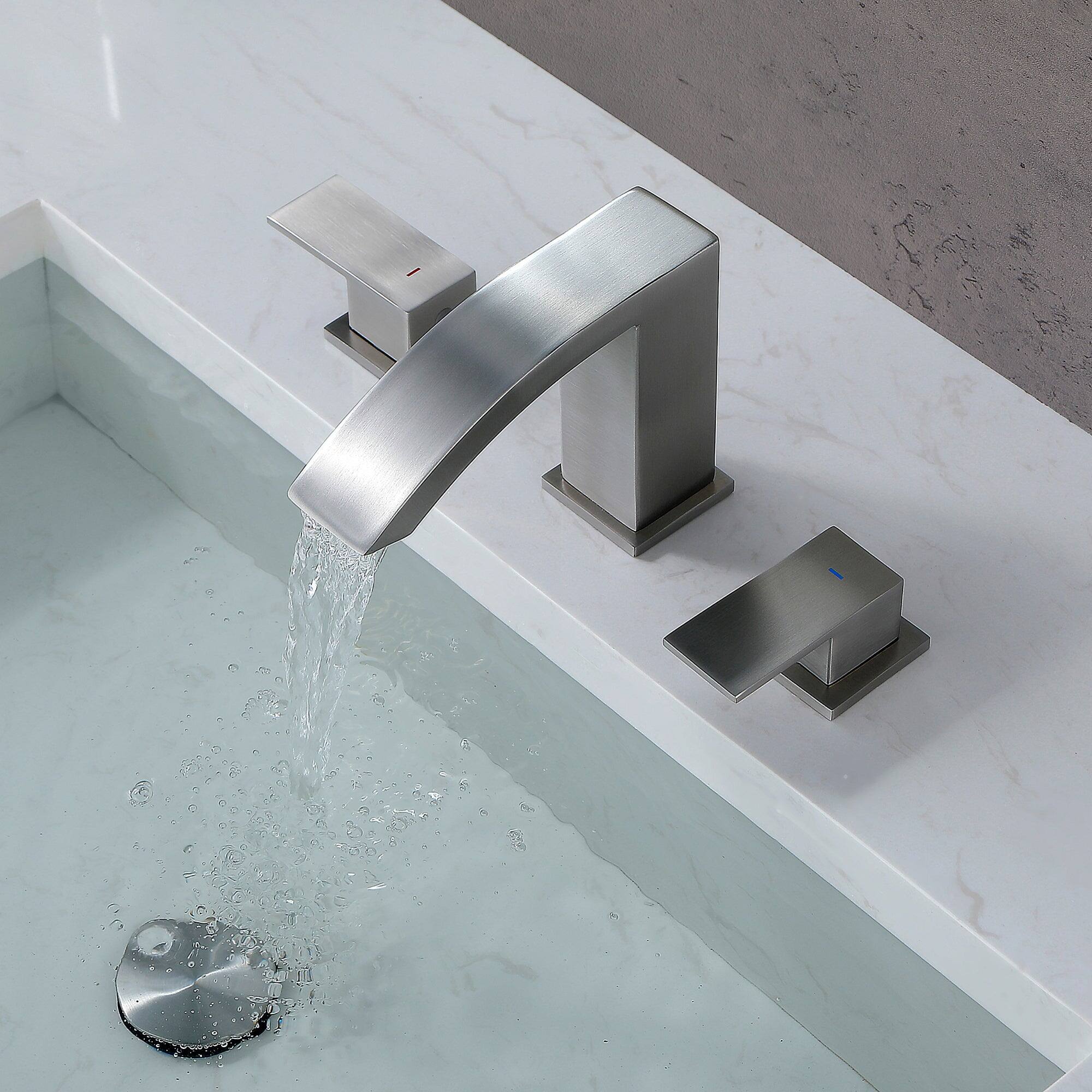 Left. Boyel Living - 8 in Widespread Double Handle 1.2 GPM Bathroom Faucet with Quick Connect Hose and Pop Up Drain in Brushed Nickel - Brushed Nickel.