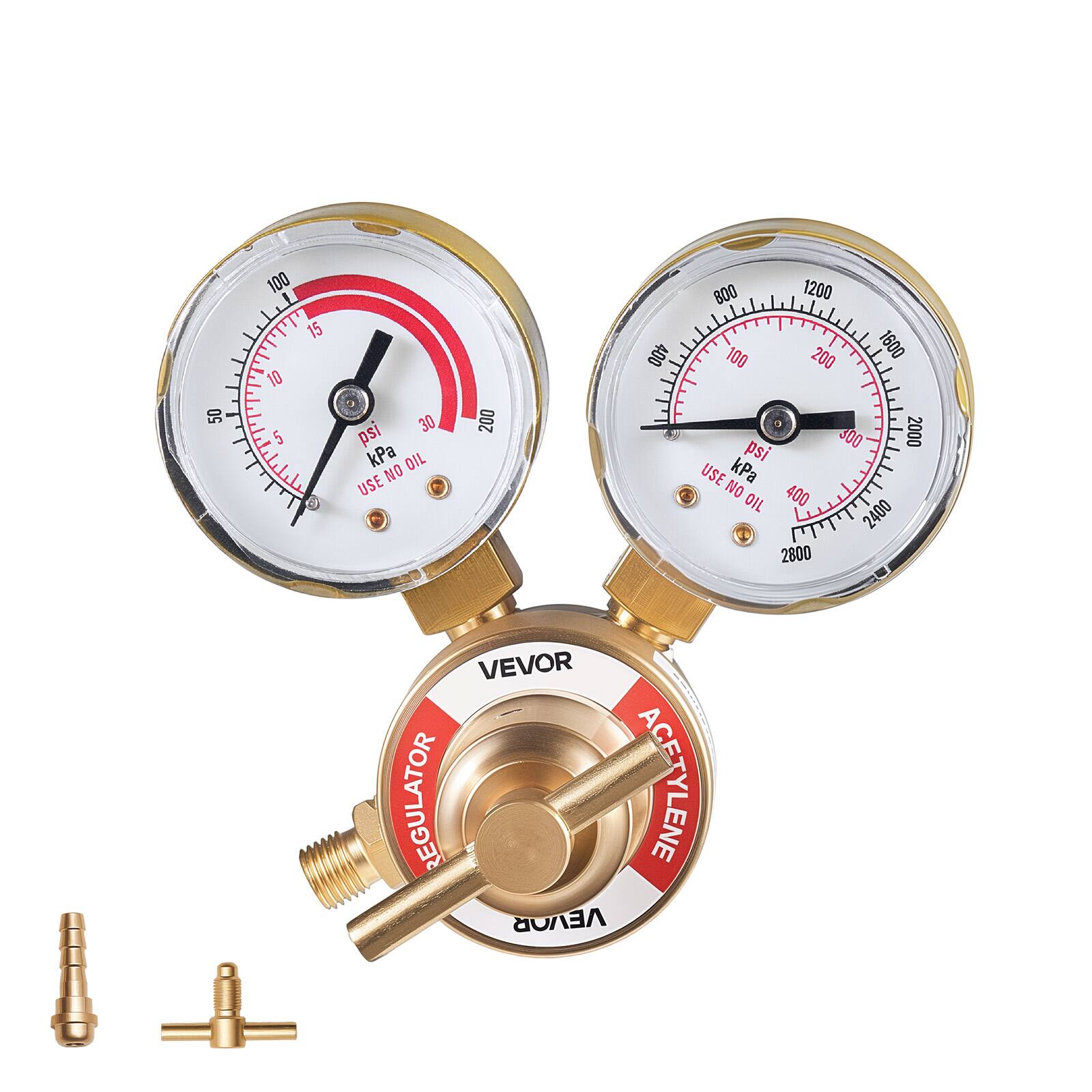 50 100 15 10 5 30 psi kPa OIL NO USE 200 400 800 1200 100 200 1600 300 2000 psi USE kPa NO 400 OIL 2400 2800 VEVOR REGULATOR ACETYLENE