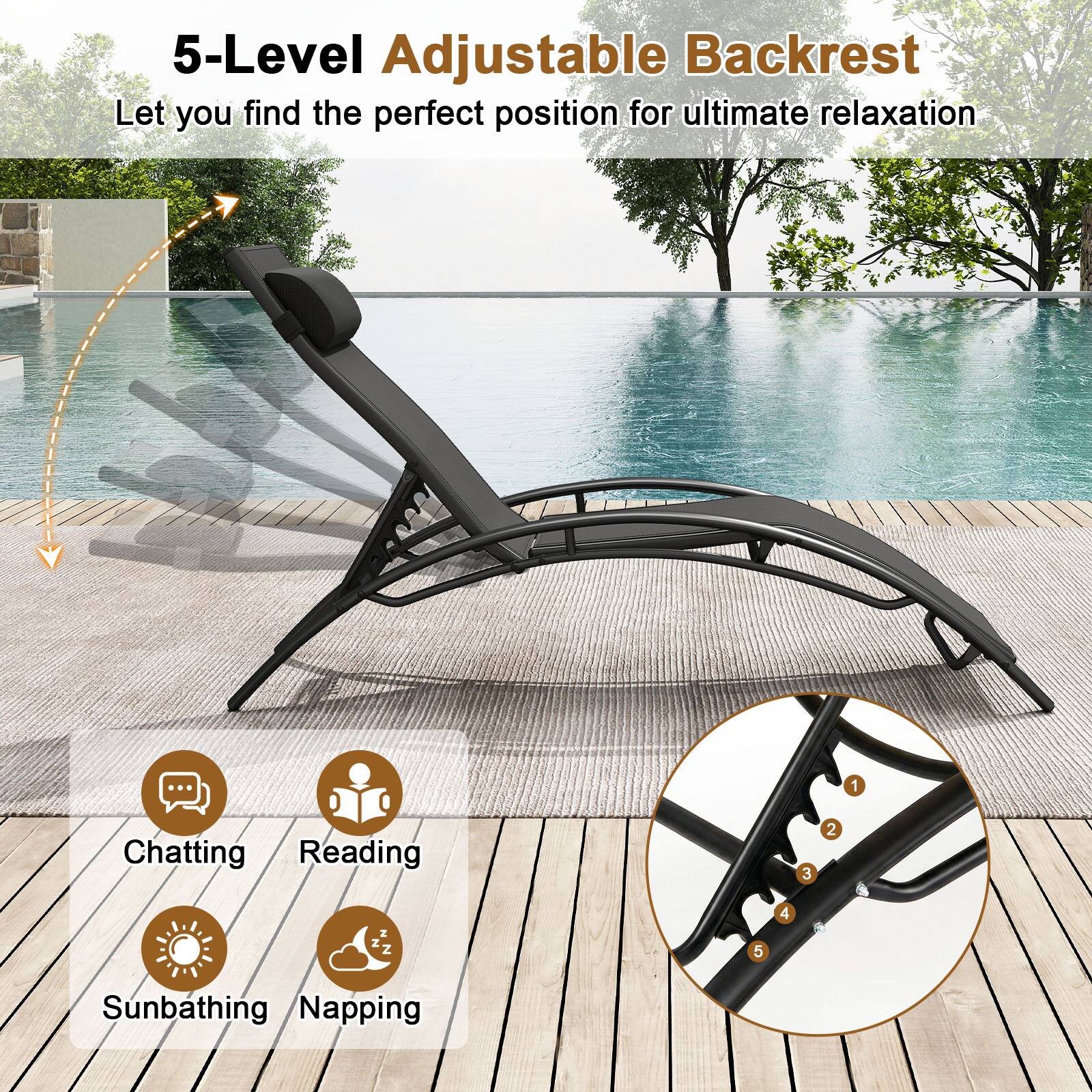 5-Level Adjustable Backrest  
Let you find the perfect position for ultimate relaxation

1. Chatting  
2. Reading  
3. Sunbathing  
4. Napping