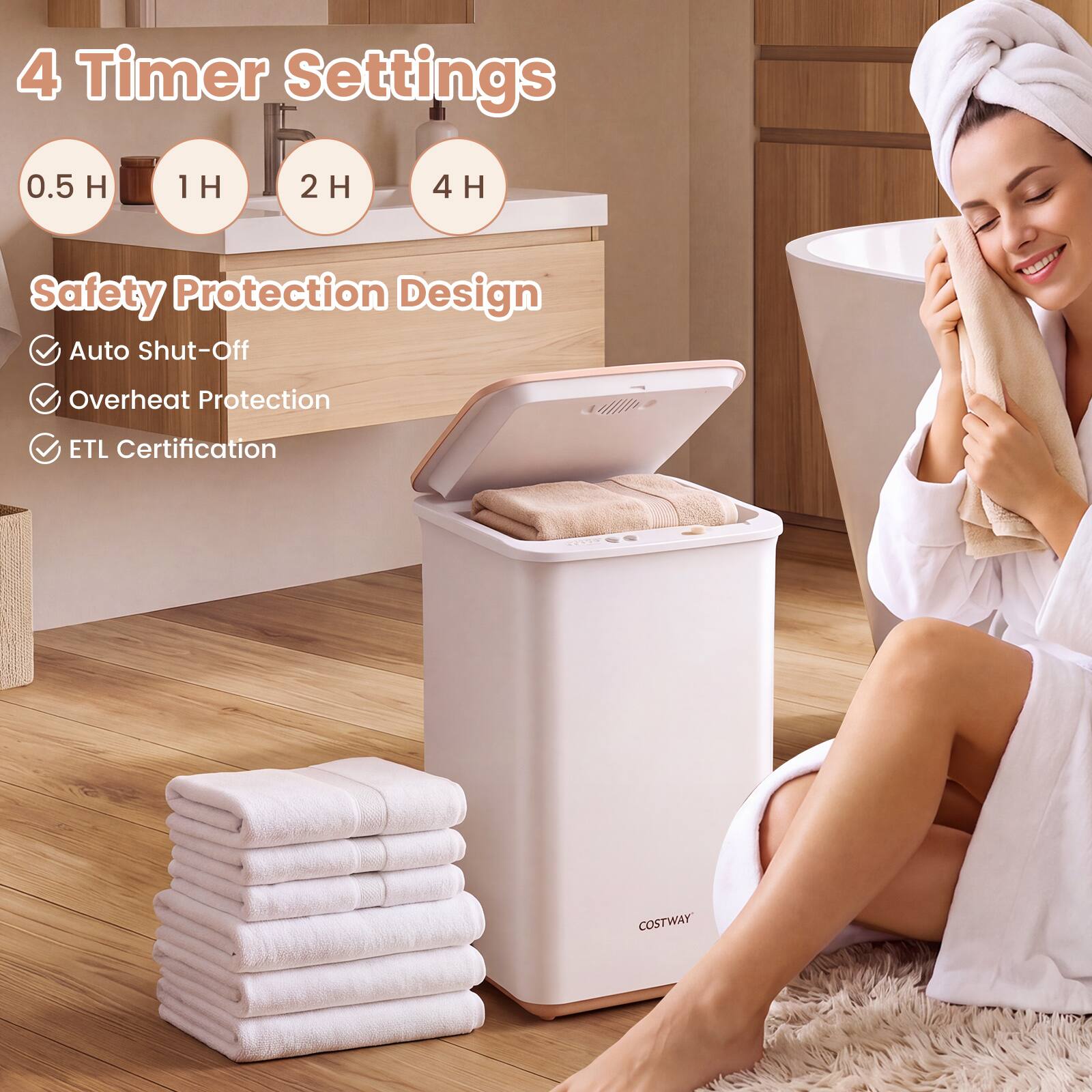 4 Timer Settings
0.5 H
1H
2H
4H

Safety Protection Design
- Auto Shut-Off
- Overheat Protection
- ETL Certification

COSTWAY