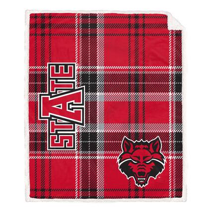 Front. Pegasus - Arkansas State Red Wolves 50" x 60" Playmaker Plaid Ultra Cozy Sherpa Throw - Multicolor.