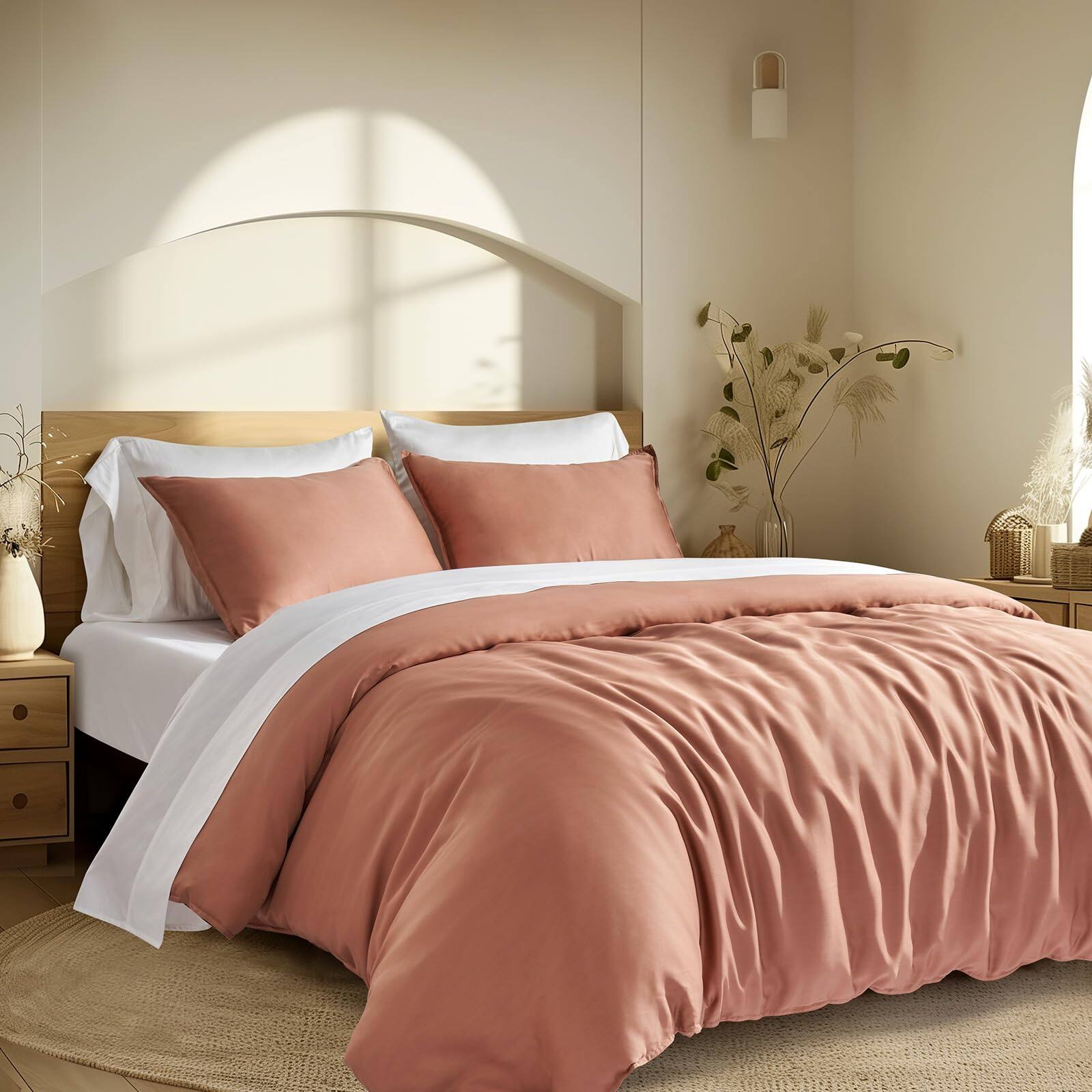 Left. Earthley Blooms - Evergrace Tencel Lyocell Duvet Cover Set 3 Piece Eucalyptus Fiber From Austria Luxury Silky Soft Comforter - Terracotta Clay-King (108" x 92").