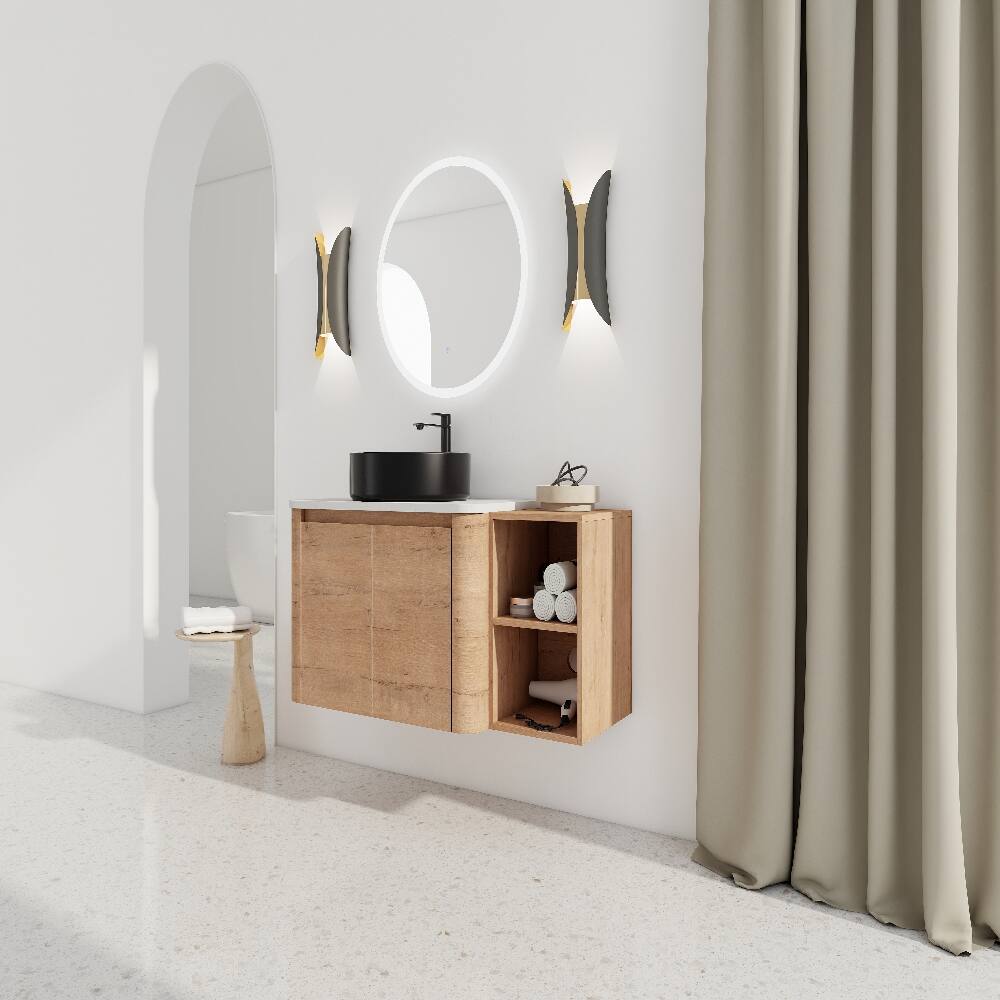 Alt View 1. Loheer - Loheer 42 inch wall mounted bathroom vanity with ceramic art vessel sink, imitative oak floating vanity - Imitative Oak.
