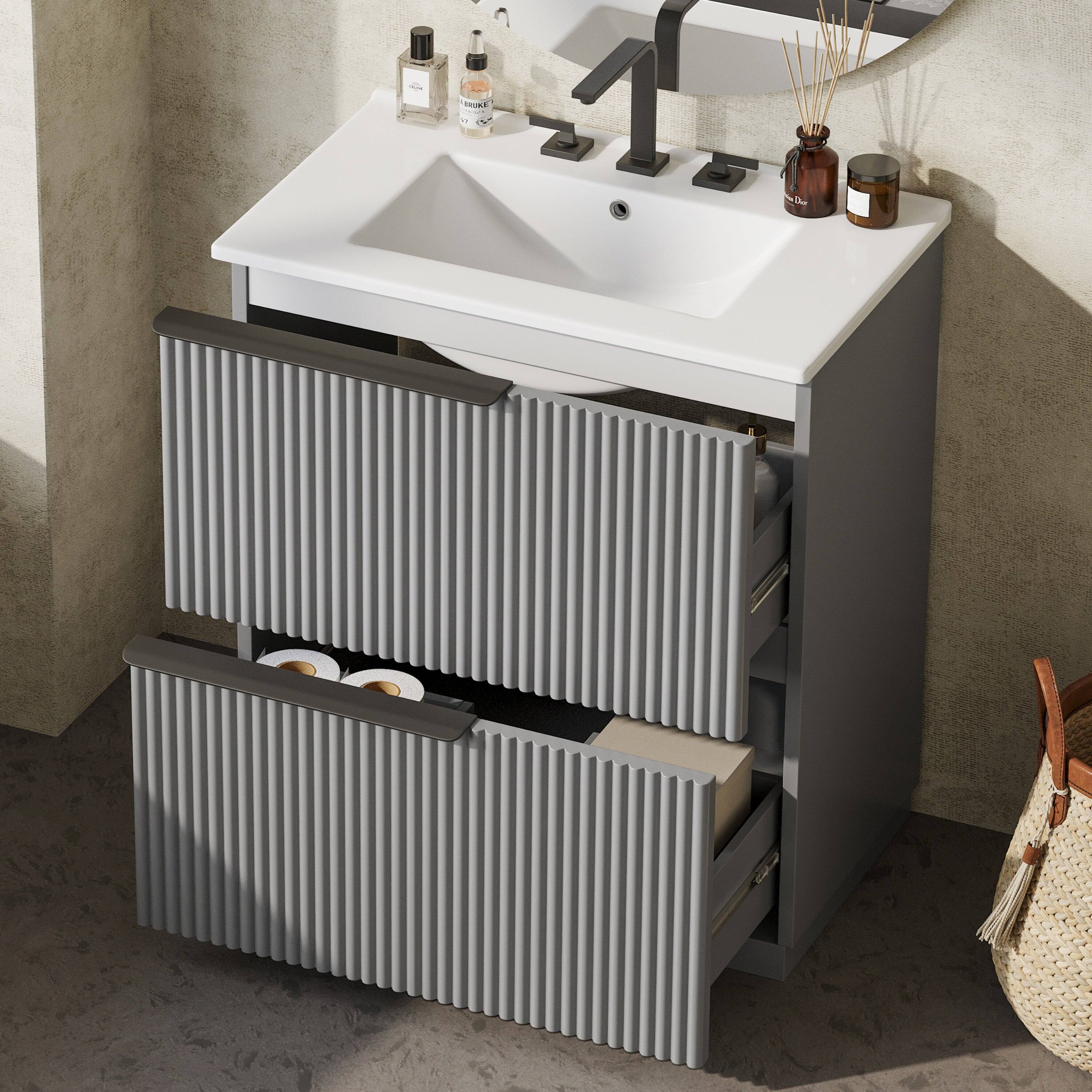 Alt View 10. Boyel Living - 30 Inch Bathroom Vanity with Ceramic Sink Full Extension Drawers Soft Close Fluted Design Gray - Gray.