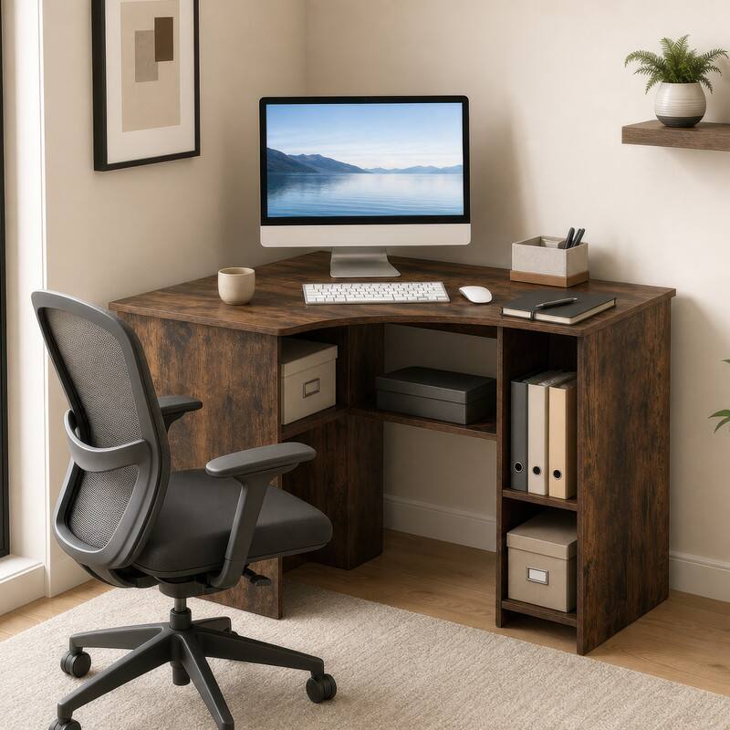 Angle. WELLFOR - 32" Corner Computer Desk for Small Space, Triangle Writing Workstation with Charging Station & Storage Shelf - Rustic Brown.