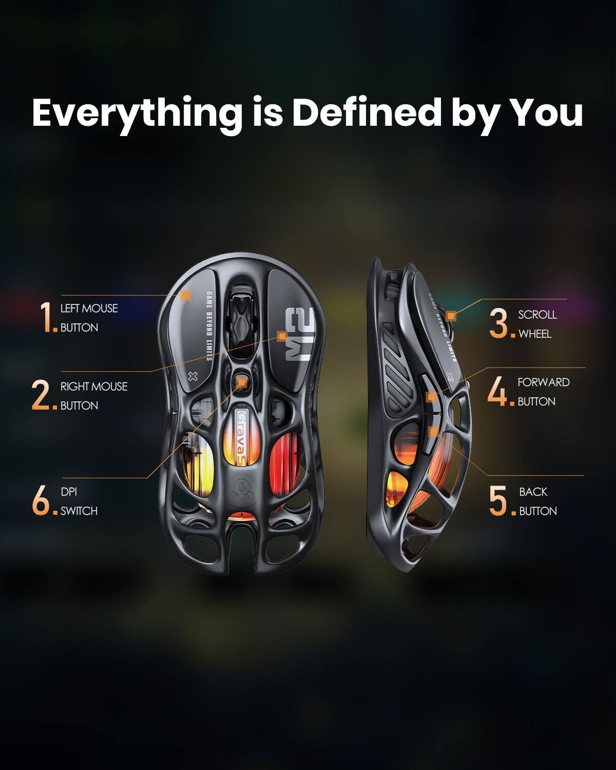 Everything is Defined by You

1. LEFT MOUSE BUTTON
2. RIGHT MOUSE BUTTON
3. SCROLL WHEEL
4. FORWARD BUTTON
5. BACK BUTTON
6. DPI SWITCH

GAME BEYOND LIMITS

Gravas M2