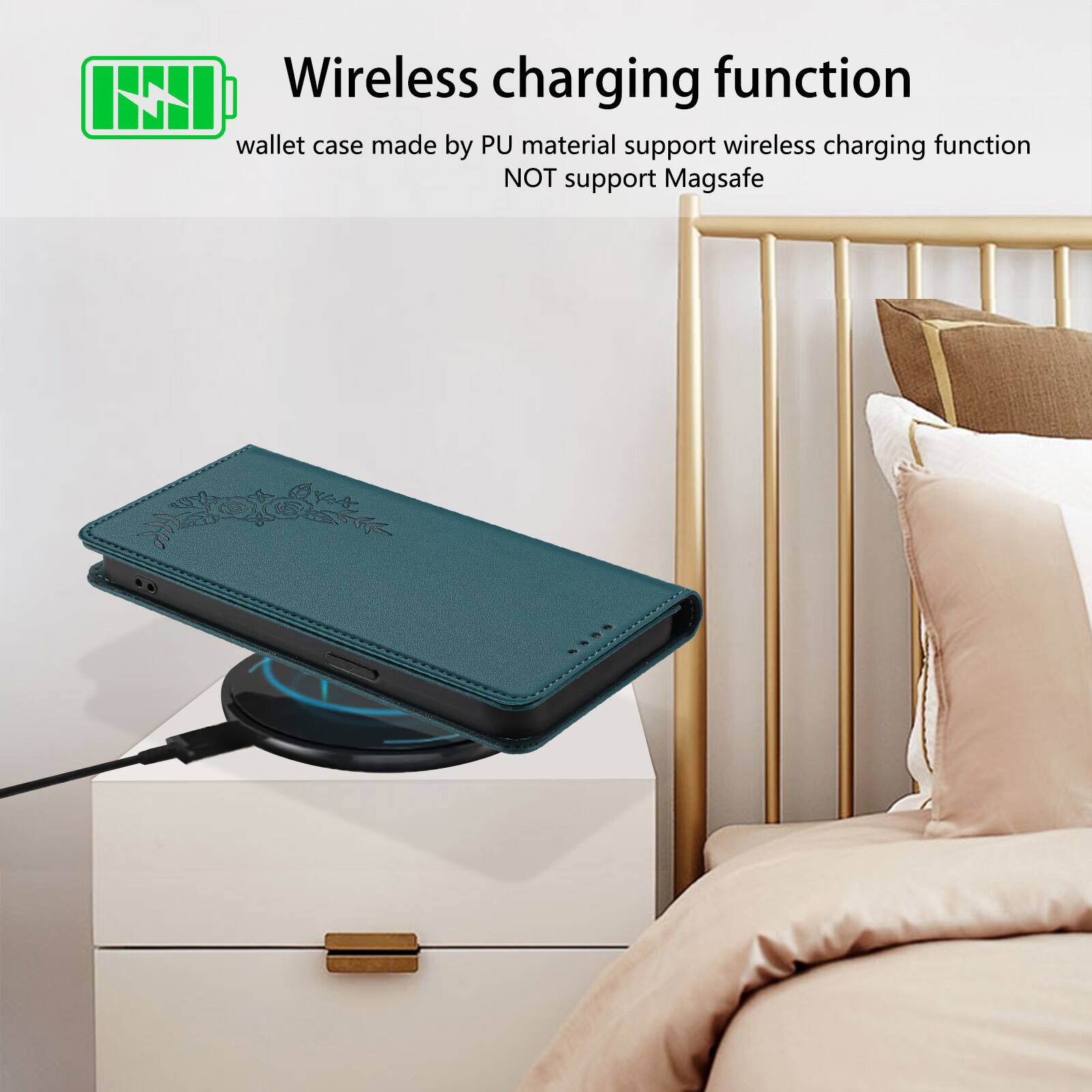 Wireless charging function

wallet case made by PU material support wireless charging function
NOT support Magsafe