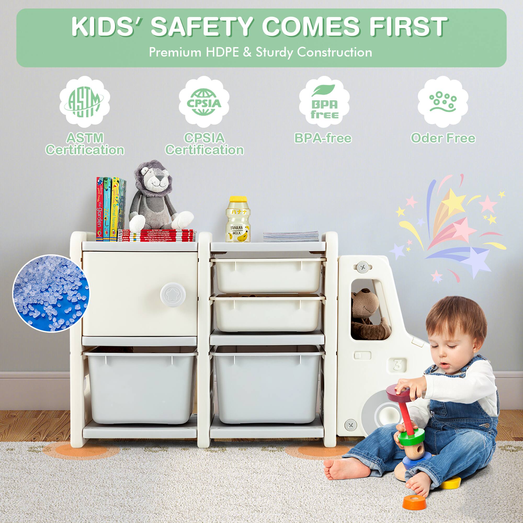 KIDS' SAFETY COMES FIRST  
Premium HDPE & Sturdy Construction  
ASTM Certification  
CPSIA Certification  
BPA-free  
Odor Free