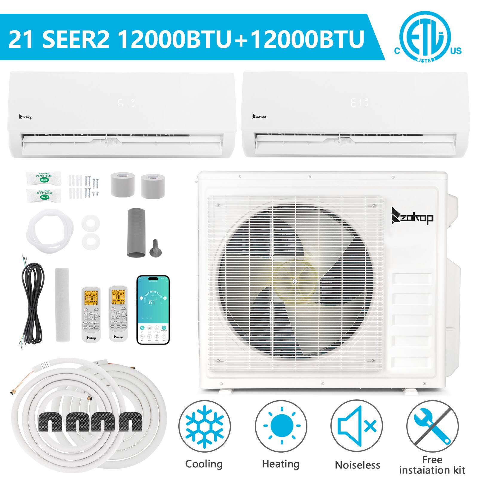 Winado - 27000 BTU 21 SEER2 Dual Zone AC Ductless Mini Split Air Conditioner & Heat Pump (12K+12K) - White