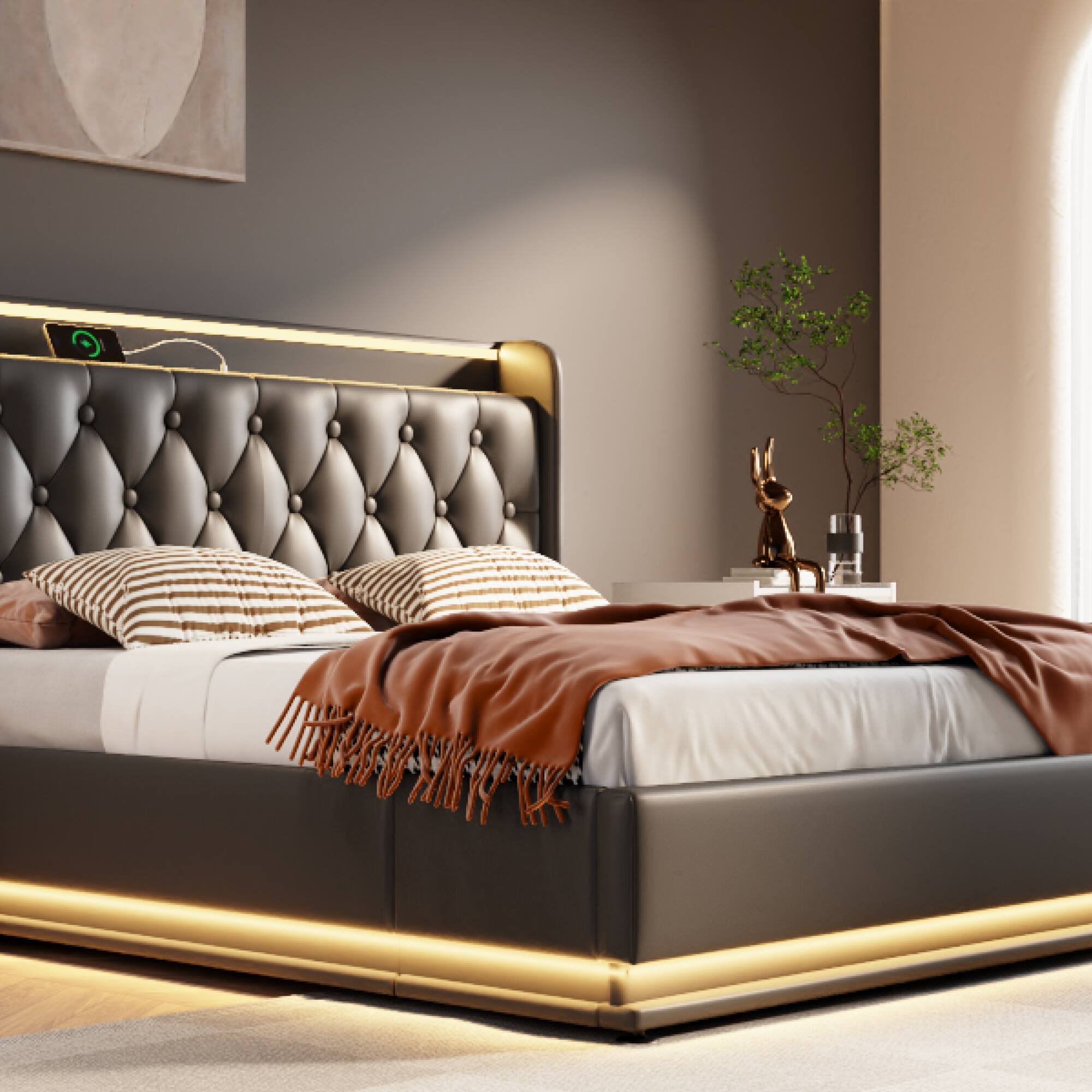 Alt View 2. GOODSILO - Queen Size Upholstered LED Bed with Hydraulic Storage and USB Charging - Black.