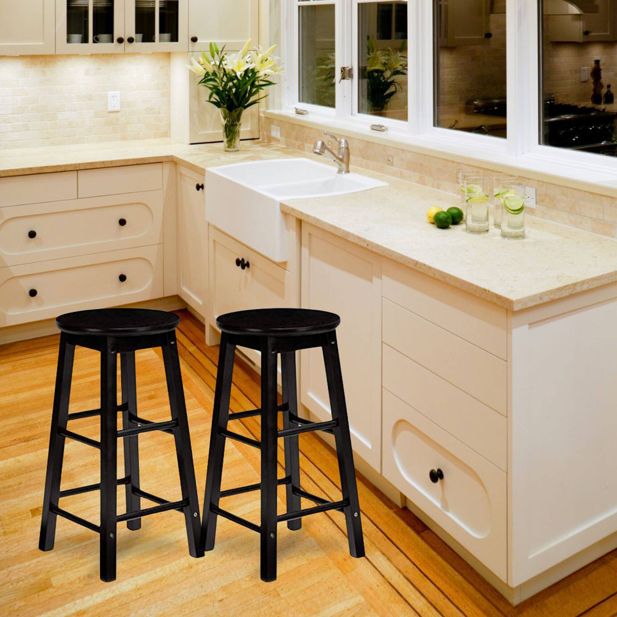 Alt View 3. PJ Wood - PJ Wood Classic Round-Seat 29 Inch Tall Kitchen Counter Stools, Black, Set of 2 - Black.