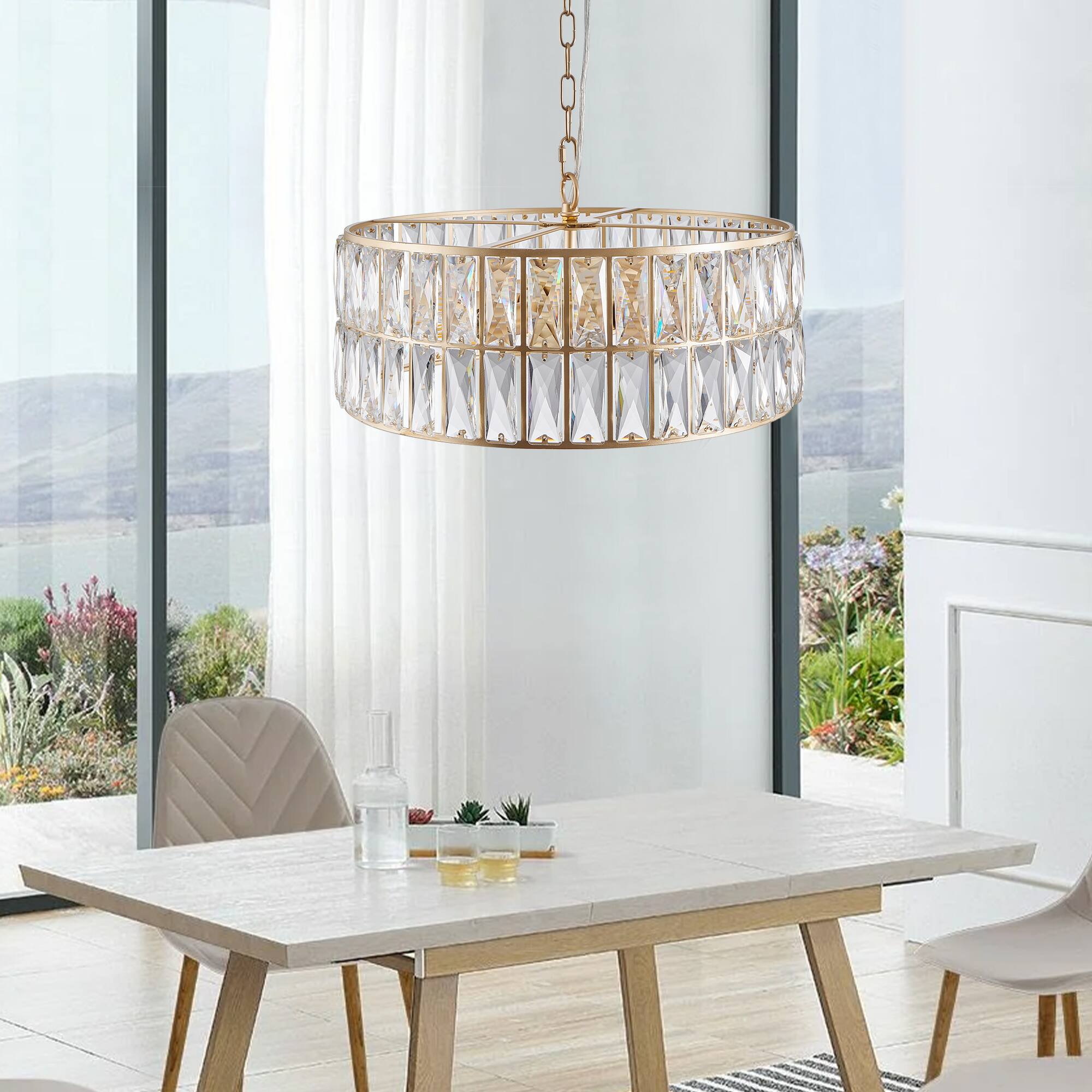 Left. Tiramisubest - 18" Golden Modern Crystal Drum Chandelier, 6-Light Pendant Lighting Fixture with Metal Frame (No Bulbs) - Gold.
