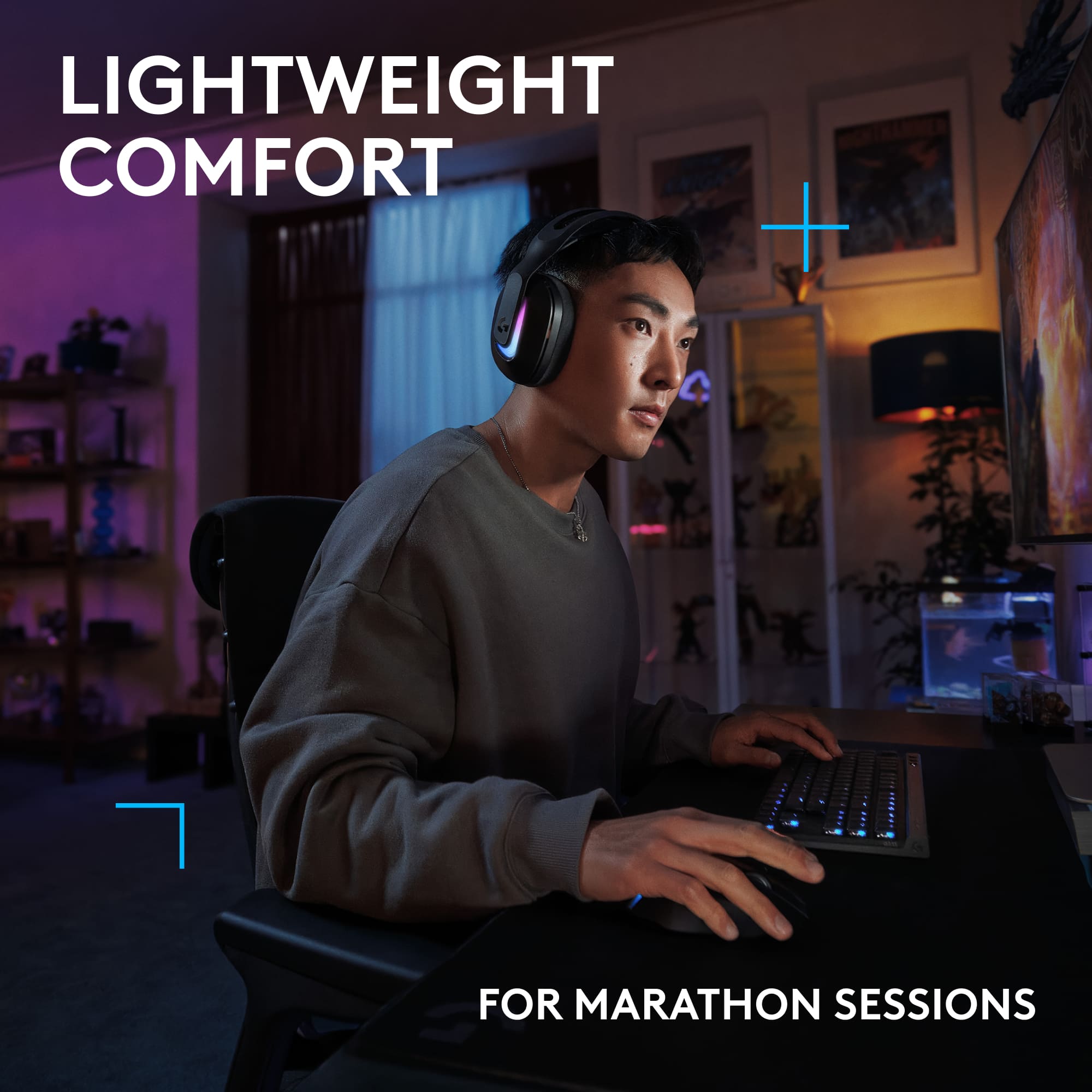 The text on the image reads "Lightweight Comfort + For Marathon Sessions."