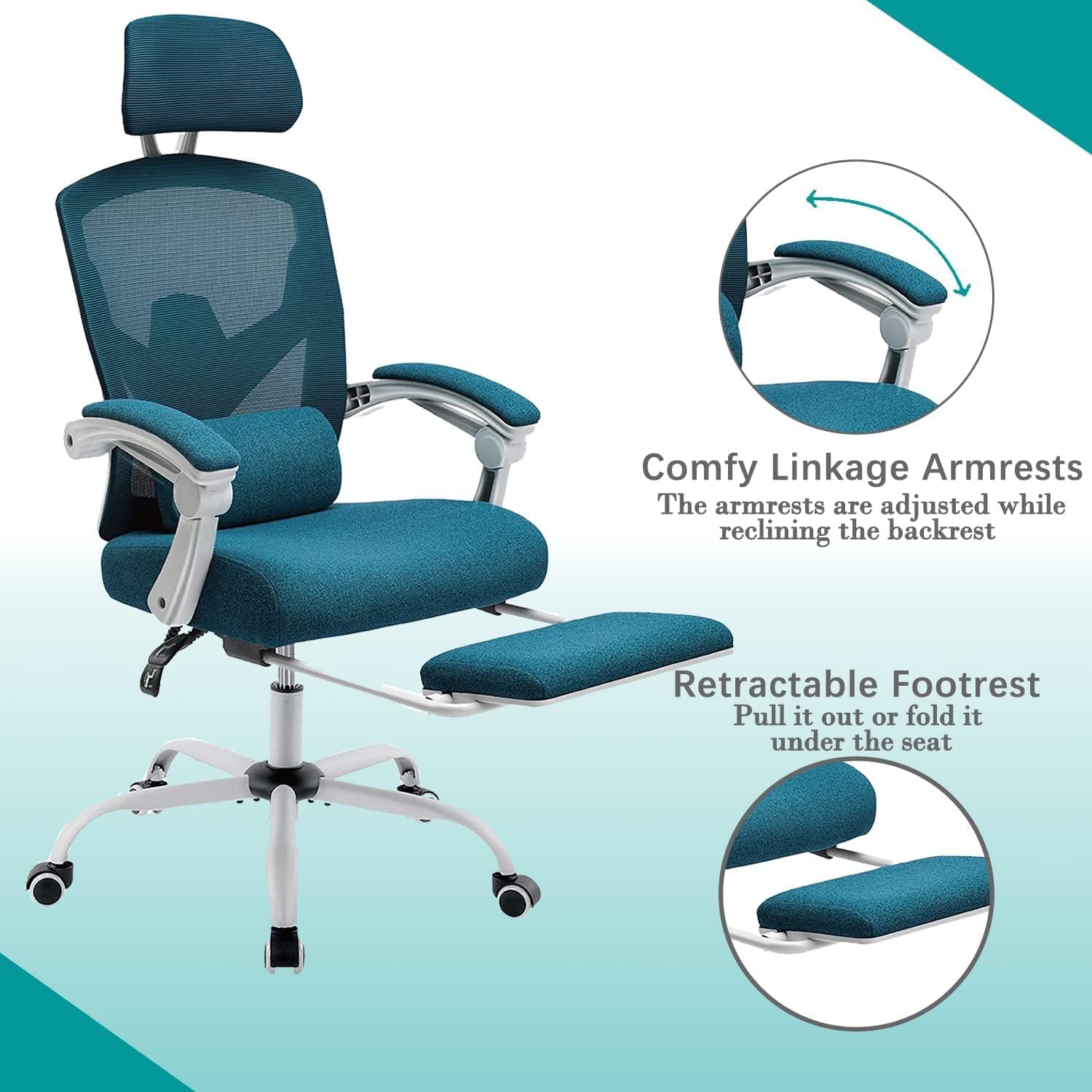 Comfy Linkage Armrests  
The armrests are adjusted while reclining the backrest  

Retractable Footrest  
Pull it out or fold it under the seat