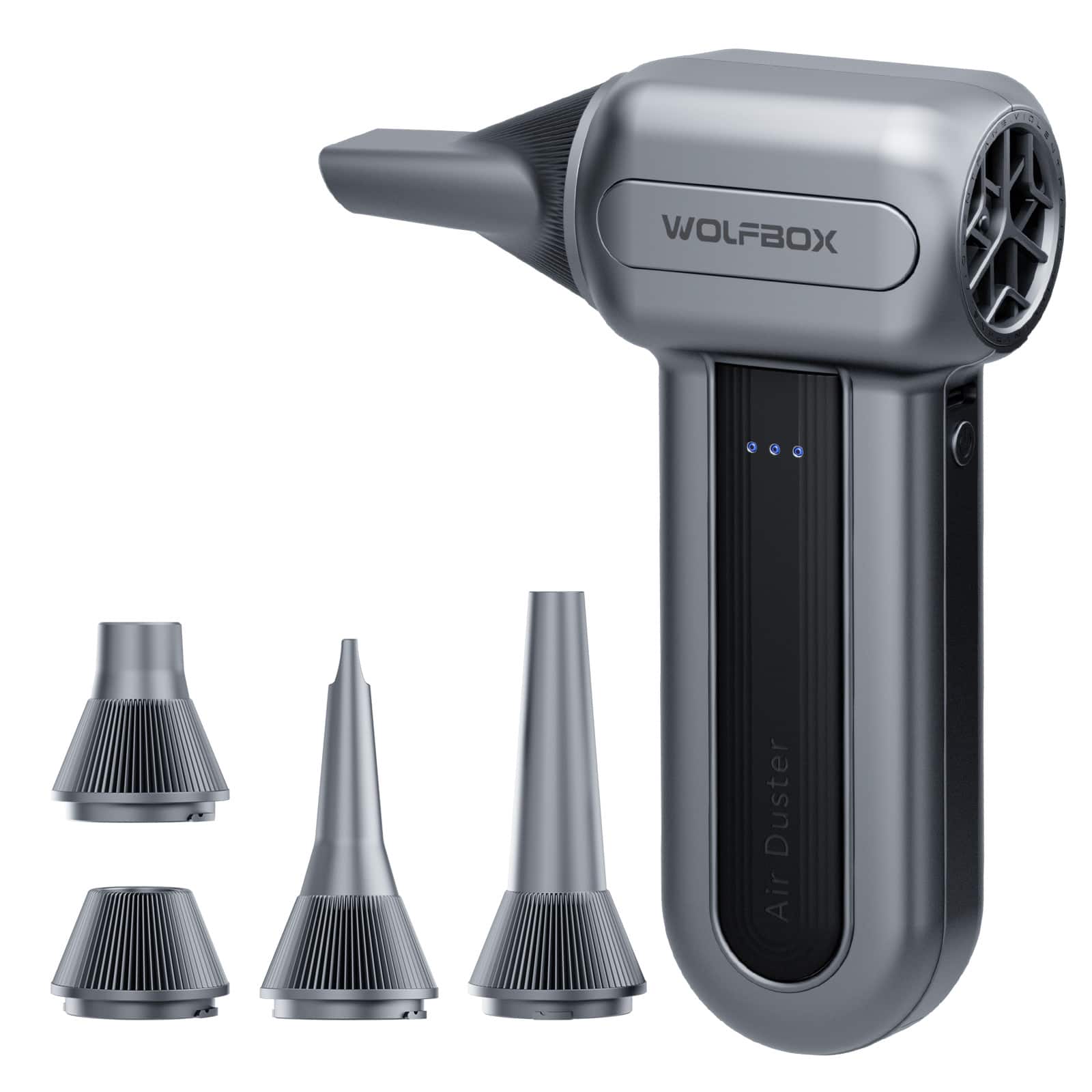 WOLFBOX - Compressed Air Duster, 5 Nozzles Electric Air Duster with Extended Runtime, Air Blower for Keyboard, Camera, Car, Home - Silver
