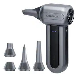 WOLFBOX - Compressed Air Duster, 5 Nozzles Electric Air Duster with Extended Runtime, Air Blower for Keyboard, Camera, Car, Home - Silver