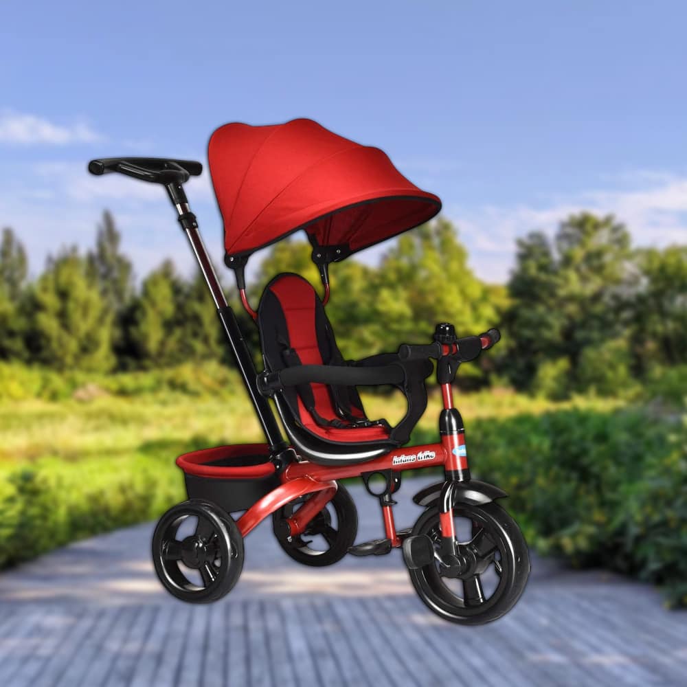 Hivvago - 4-in-1 Toddler Tricycle with Steerable Handle and Adjustable Canopy - Red