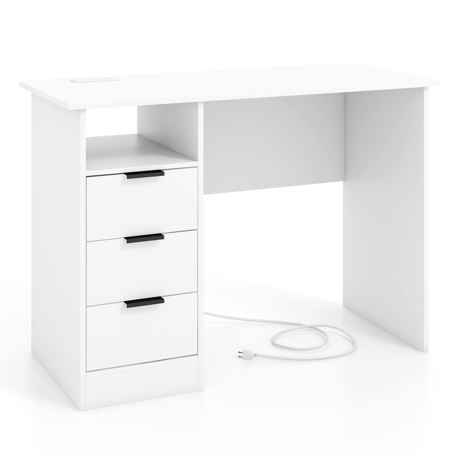 Alt View 2. WELLFOR - 42.5" Home Office Desk with Power Outlet, Computer Desk with 3 Drawers and Open Compartment - White.