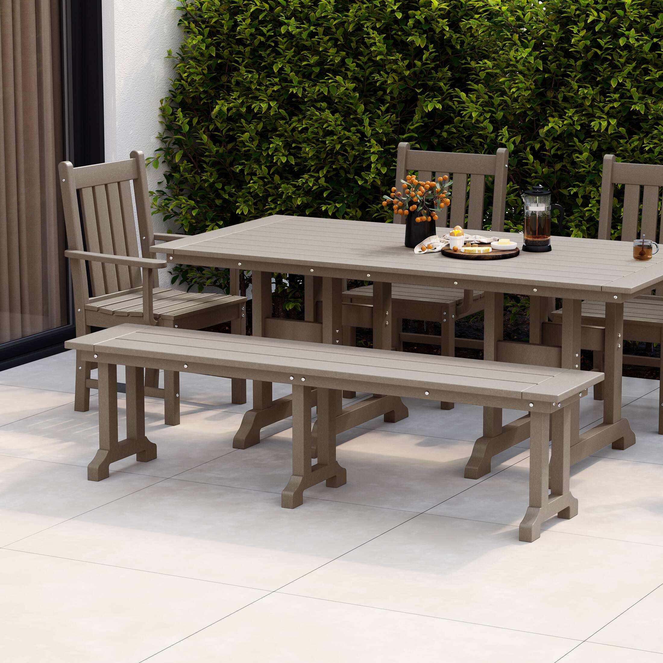 Angle. WestinTrends - WestinTrends Malibu 65" Outdoor Patio Trestle Dining Bench - Weathered Wood.