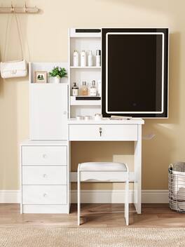 COWLOWN - Vanity Desk Set Sliding Lighted Mirror 4 Drawers 9 Storage Spaces Cushioned Stool Bedroom - White
