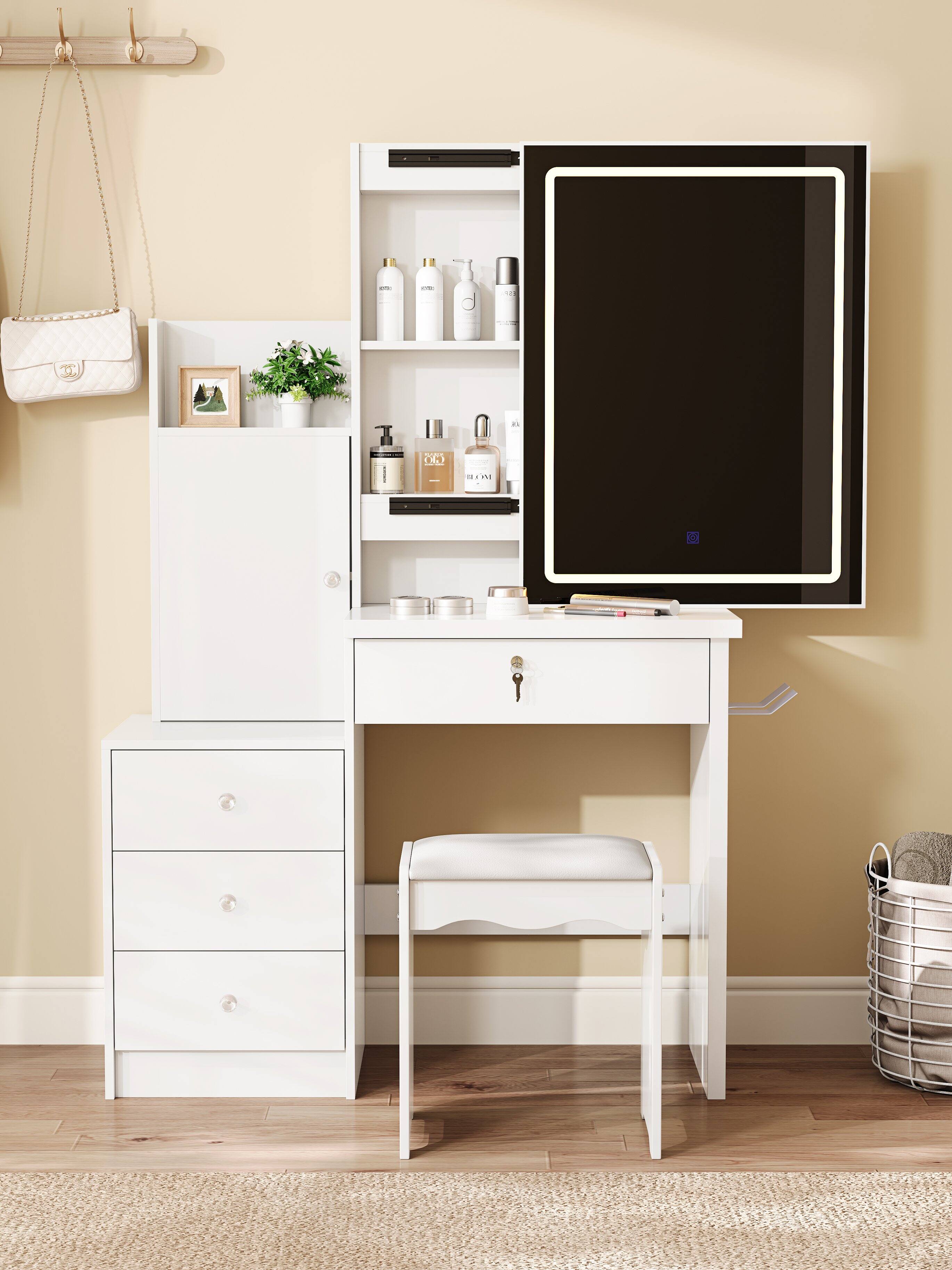 Front. COWLOWN - Vanity Desk Set Sliding Lighted Mirror 4 Drawers 9 Storage Spaces Cushioned Stool Bedroom White - White.