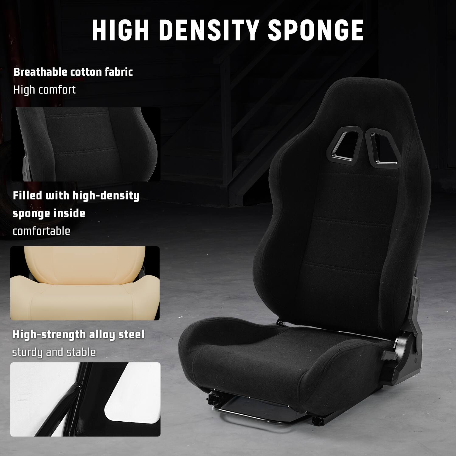 HIGH DENSITY SPONGE

- Breathable cotton fabric
- High comfort
- Filled with high-density sponge inside
- Comfortable
- High-strength alloy steel
- Sturdy and stable