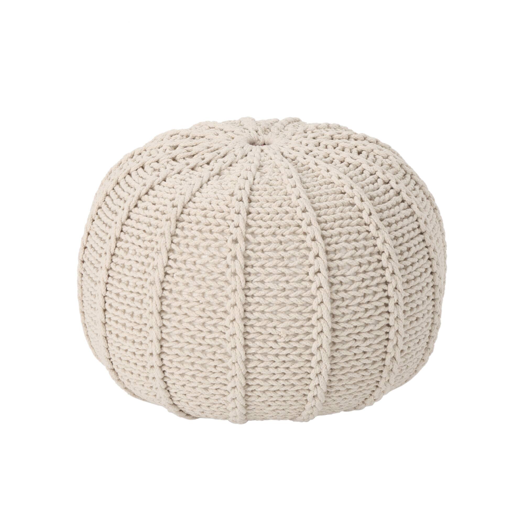 Angle. GOODSILO - Knitted Cotton Round Pouf Ottoman Floor Cushion Stylish Home Decor Accessory - Beige.