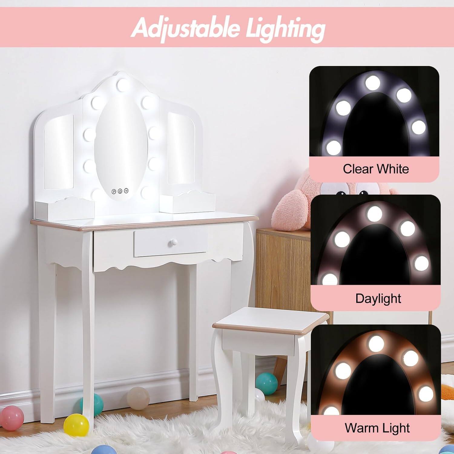 Alt View 3. Acekool - Kids Vanity Table & Stool (3-9 Yrs Girls) - Lighted Tri-Fold Mirror, Drawer & Storage Grid for Kids Makeup - White.