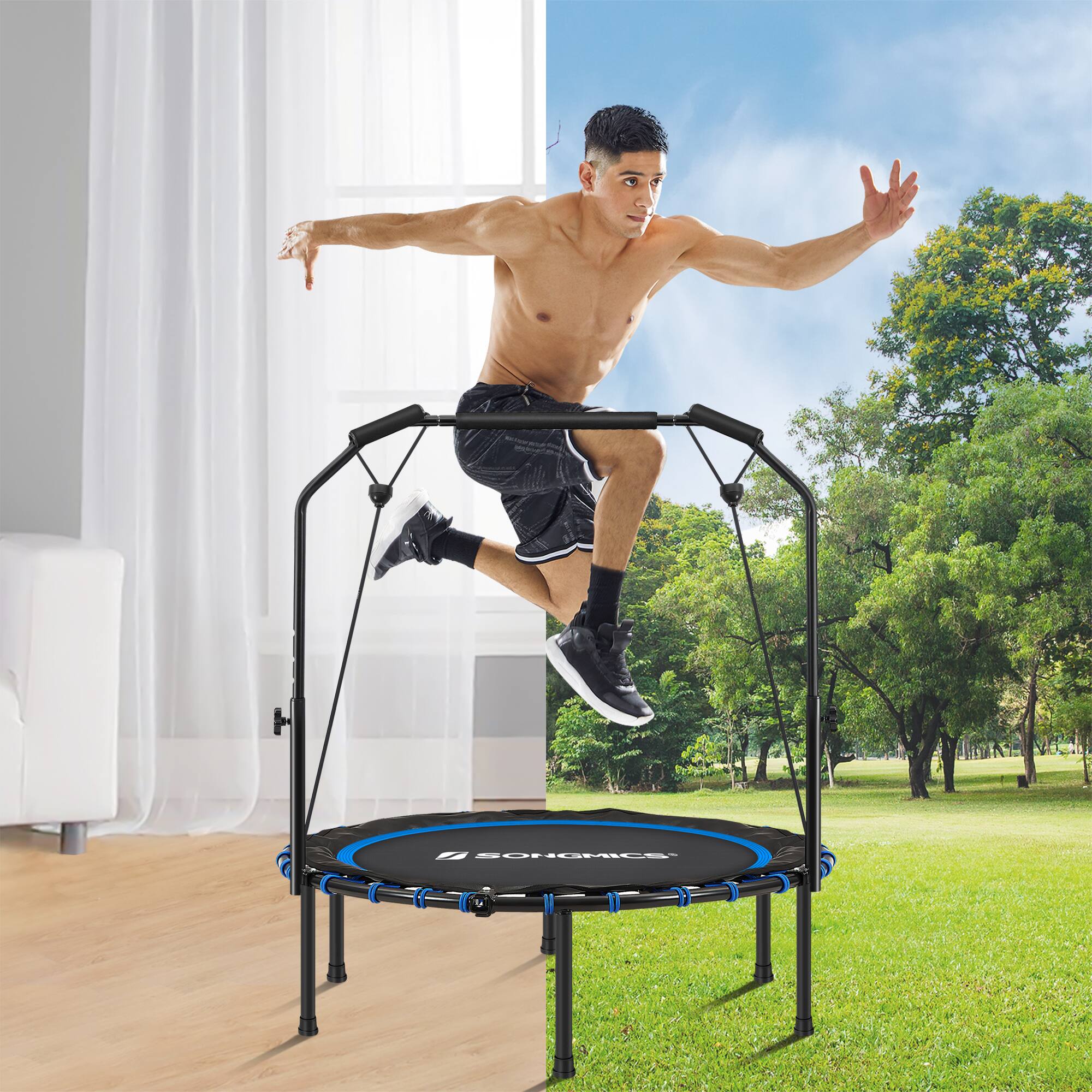 Left. Songmics Home - 40 Inches Mini Fitness Trampoline, Fitness Rebounder with Adjustable Handrail, Foldable Trampoline for At-Home Workout - Blue and Black.