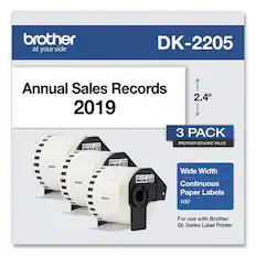 brother
at your side
DK-2205
Annual Sales Records 2019
3 PACK
BROTHER GENUINE VALUE
Wide Width Continuous Paper Labels 100'
For use with Brother QL Series Label Printer
2.4"