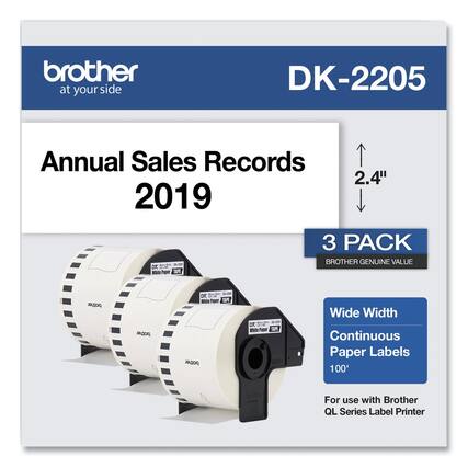 brother
at your side
DK-2205
Annual Sales Records 2019
3 PACK
BROTHER GENUINE VALUE
Wide Width Continuous Paper Labels 100'
For use with Brother QL Series Label Printer
2.4"
