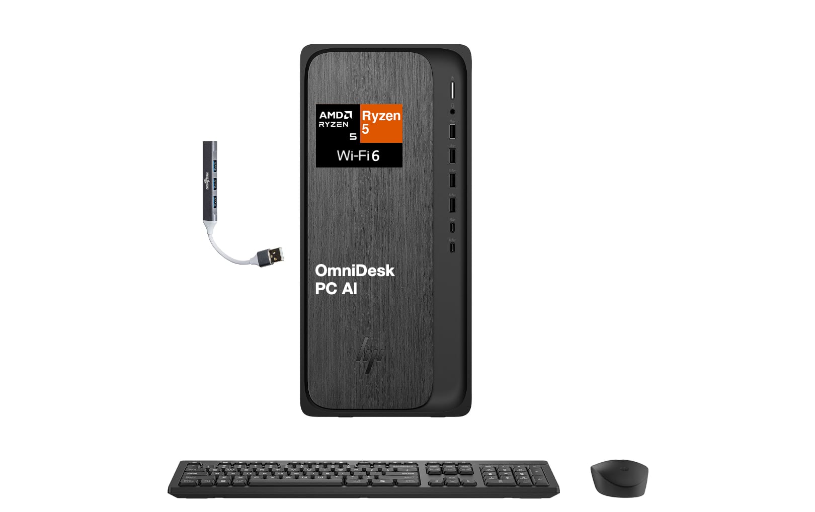 HP - OmniDesk Desktop (AMD Ryzen 5 8500G, 32GB DDR5, 2TB PCIe SSD, AMD Radeon 740M, Win 11 Pro) w/USB Hub - Gray Wood