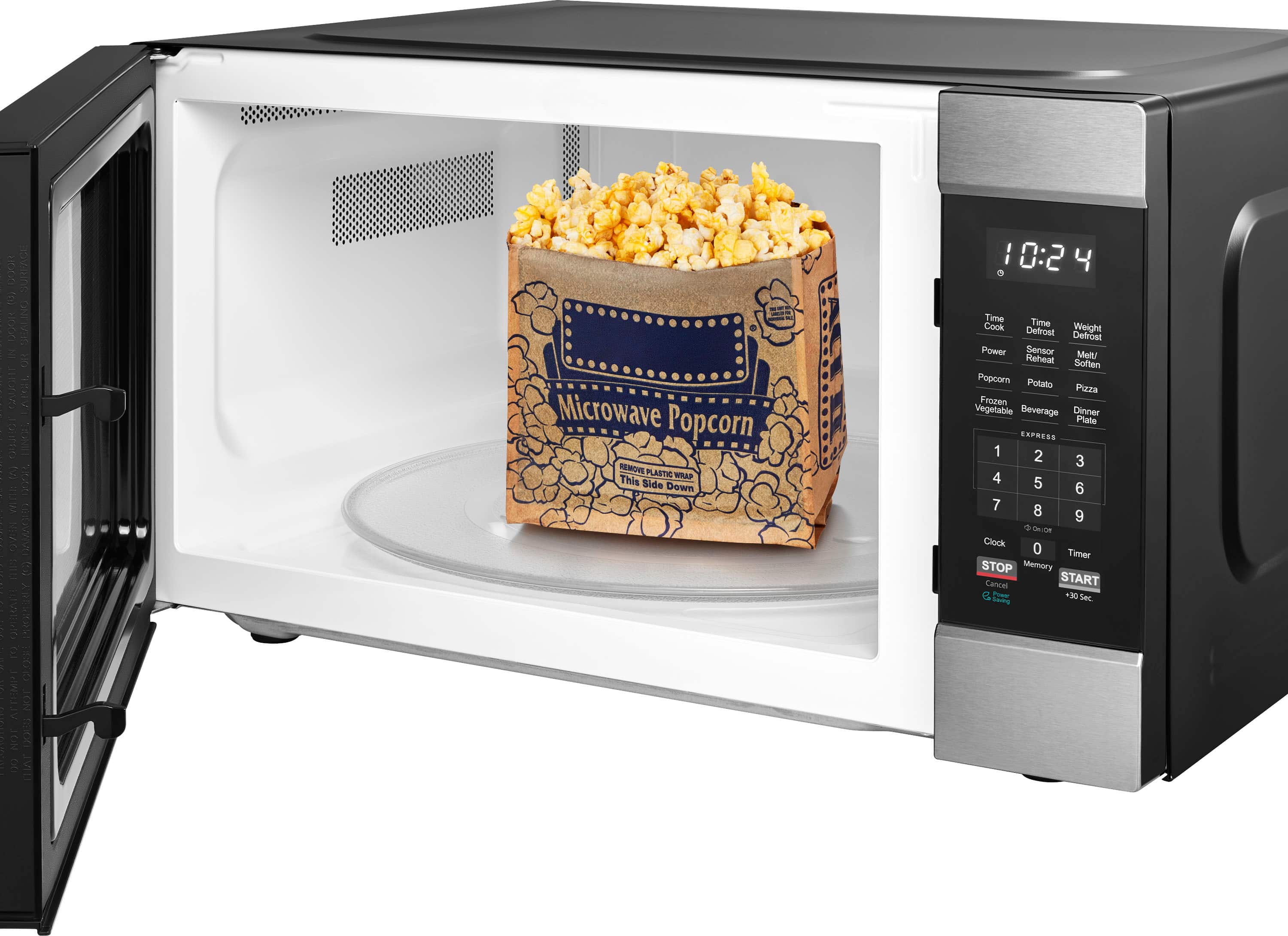 DOOL novanG fru GN DOOL we 1h 5
mIOrZ TIV o : tu HUW
OVEN OVPs CHEA S
ARERKAST : e 1 VELWI TON : Eo0 NOT D TAIT
Microwave Popcorn
This WRAP Side Down
Time Cook
Time Defrost
Weight Defrost
Power Sensor
Reheat
Popcorn
Potato
Pizza
Frozen
Beverage
Dinner Plate
EXPRESS
1 2 3 4 5 6 7 8 9
Clock 0 Timer STOP Memory Cancel START
G Tower +30 Sec
