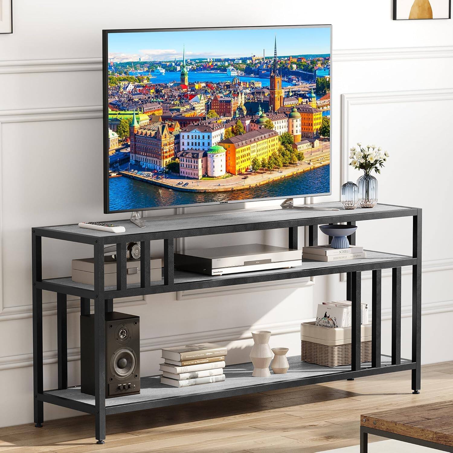 Acekool - 58" TV Stand for Television 65", Entertainment Center Table with Adjustable Legs, TV Stand with Open Shelves & Doors - Gray